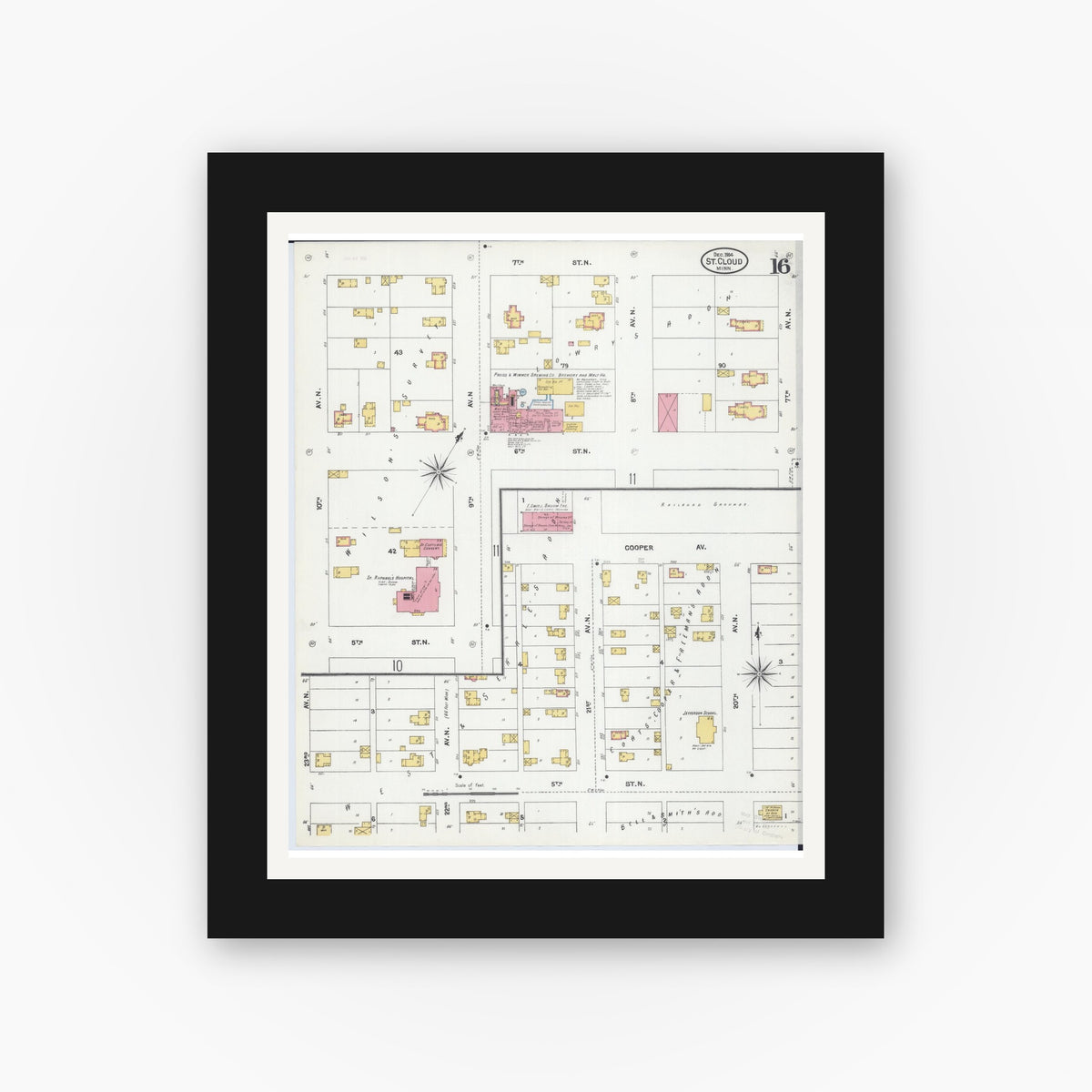 Old map wall art mockup — black gallery frame with white mat — Sanborn Fire Insurance Map from Saint Cloud, Stearns, Benton, and Sherburne Counties, Minnesota (1904), Sheet #0016