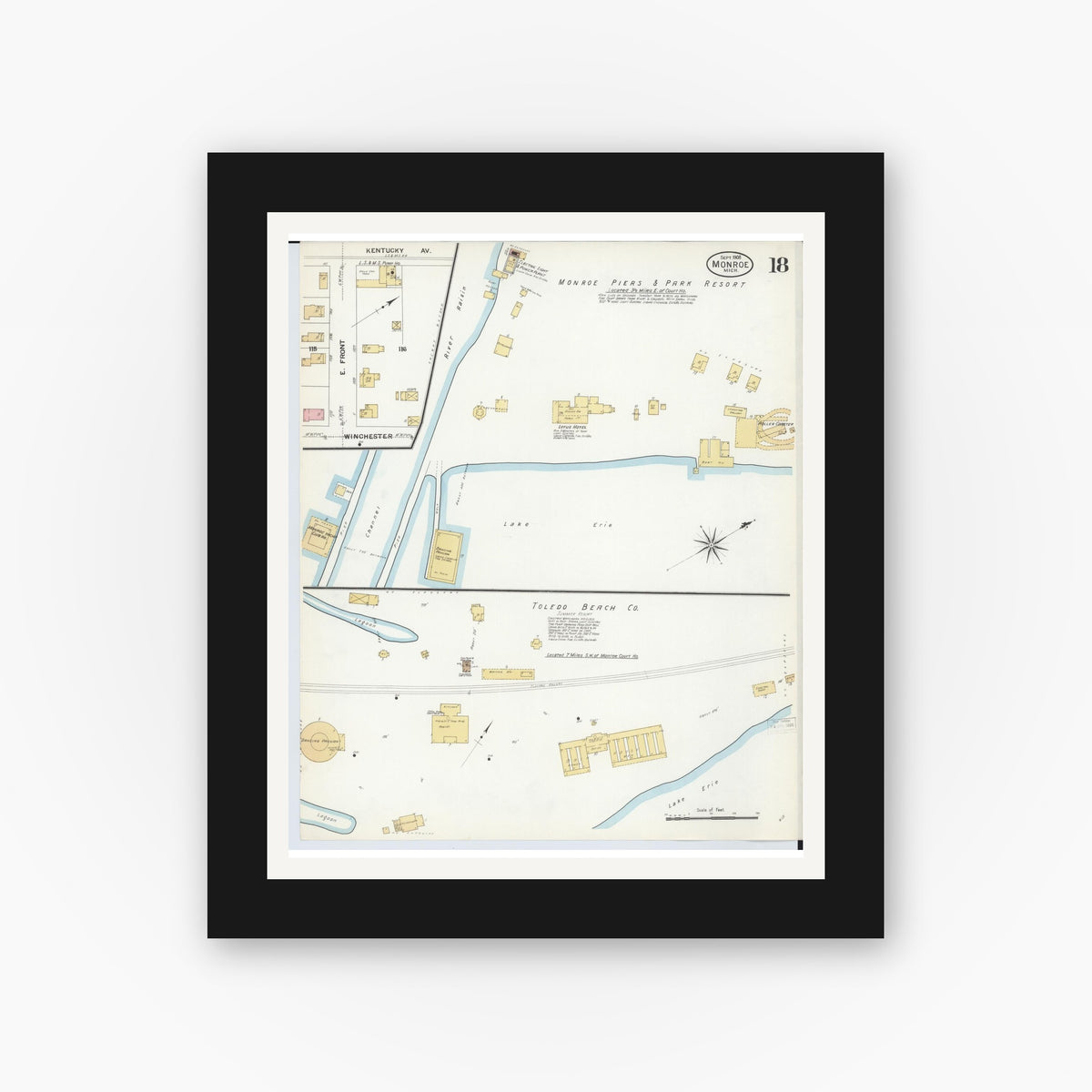 Old map wall art mockup — black gallery frame with white mat — Sanborn Fire Insurance Map from Monroe, Monroe County, Michigan (1908), Sheet #0018