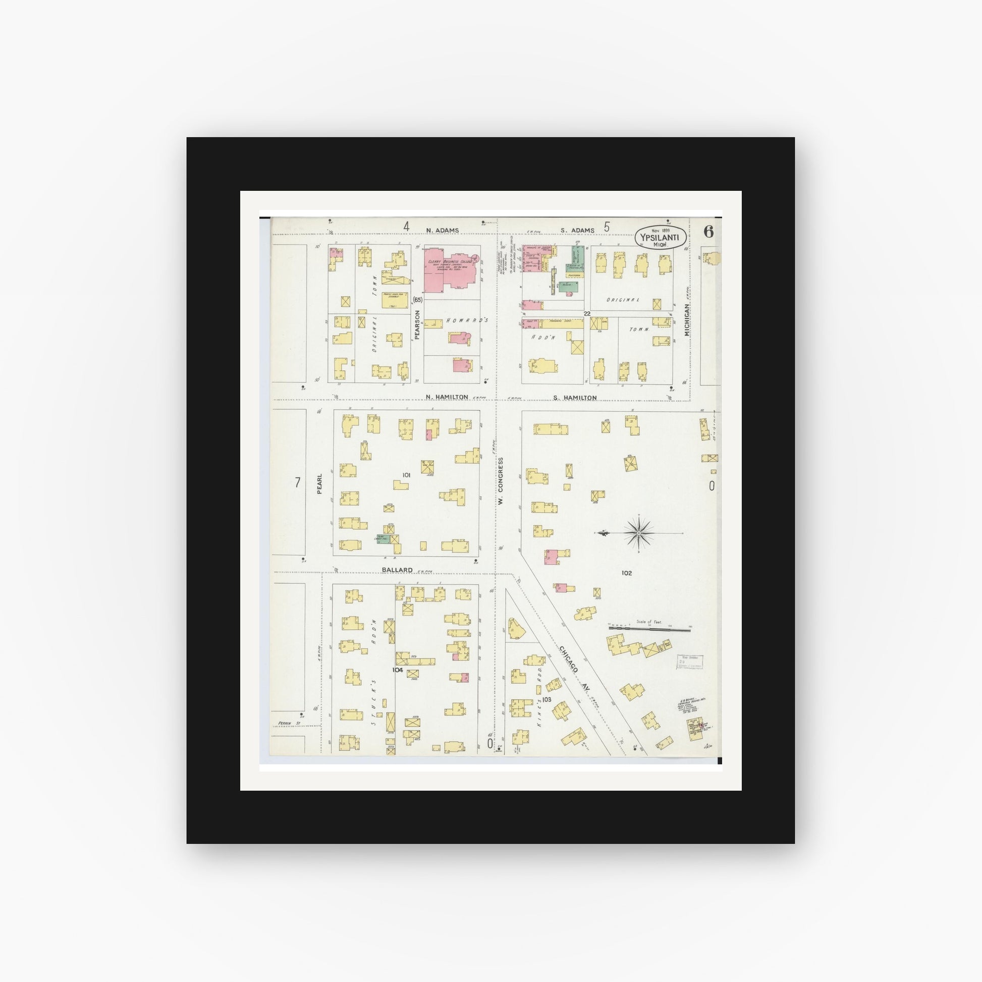 Old map wall art mockup — black gallery frame with white mat — Sanborn Fire Insurance Map from Ypsilanti, Washtenaw County, Michigan (1899), Sheet #0006