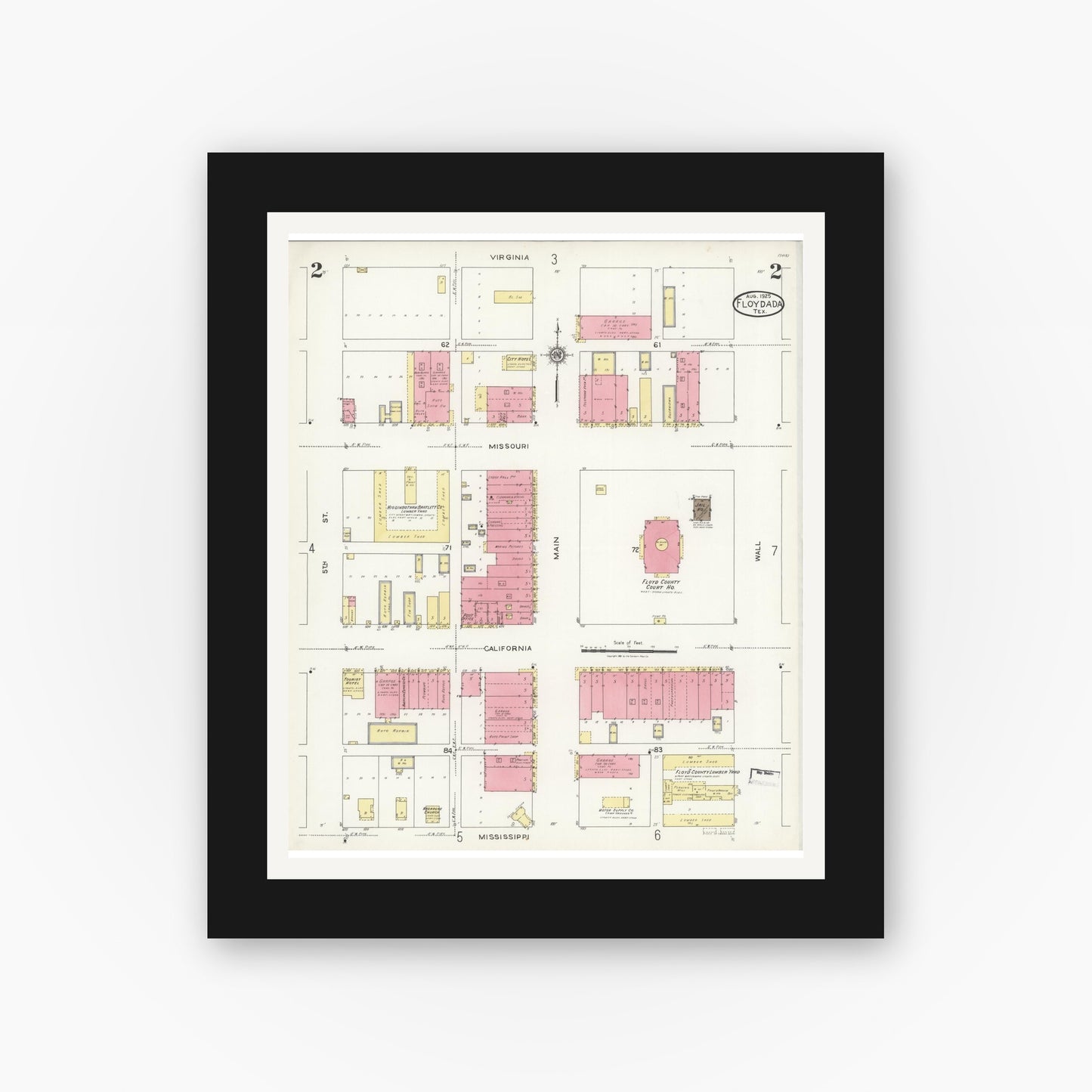 Old map wall art mockup — black gallery frame with white mat — Sanborn Fire Insurance Map from Floydada, Floyd County, Texas (1925), Sheet #0002