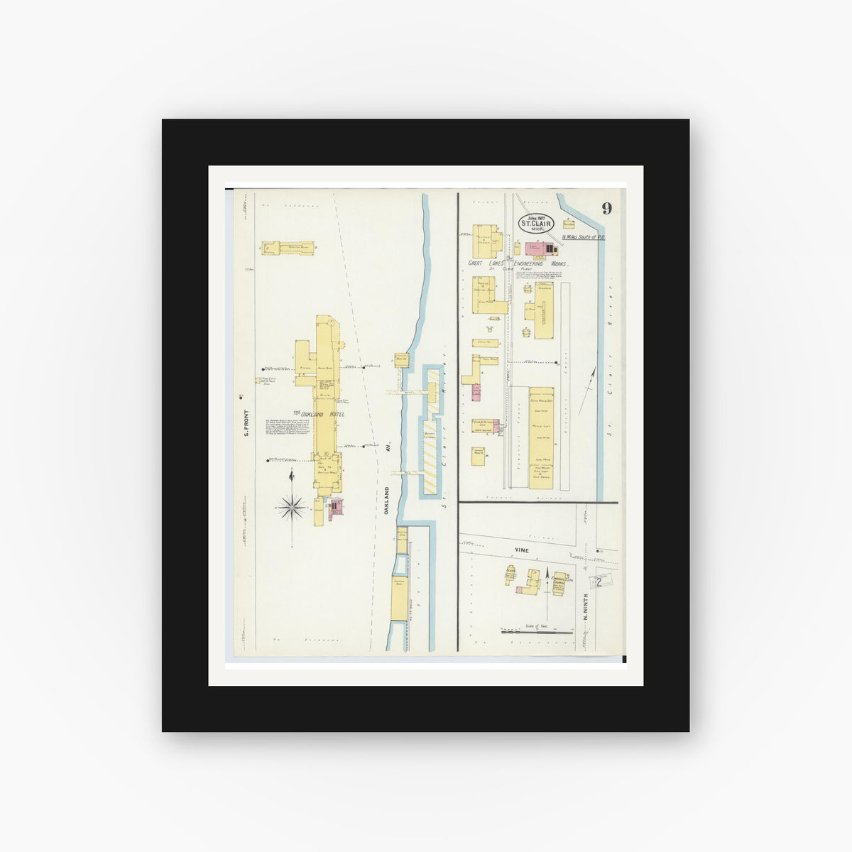 Old map wall art mockup — black gallery frame with white mat — Sanborn Fire Insurance Map from Saint Clair, Saint Clair County, Michigan (1907), Sheet #0009