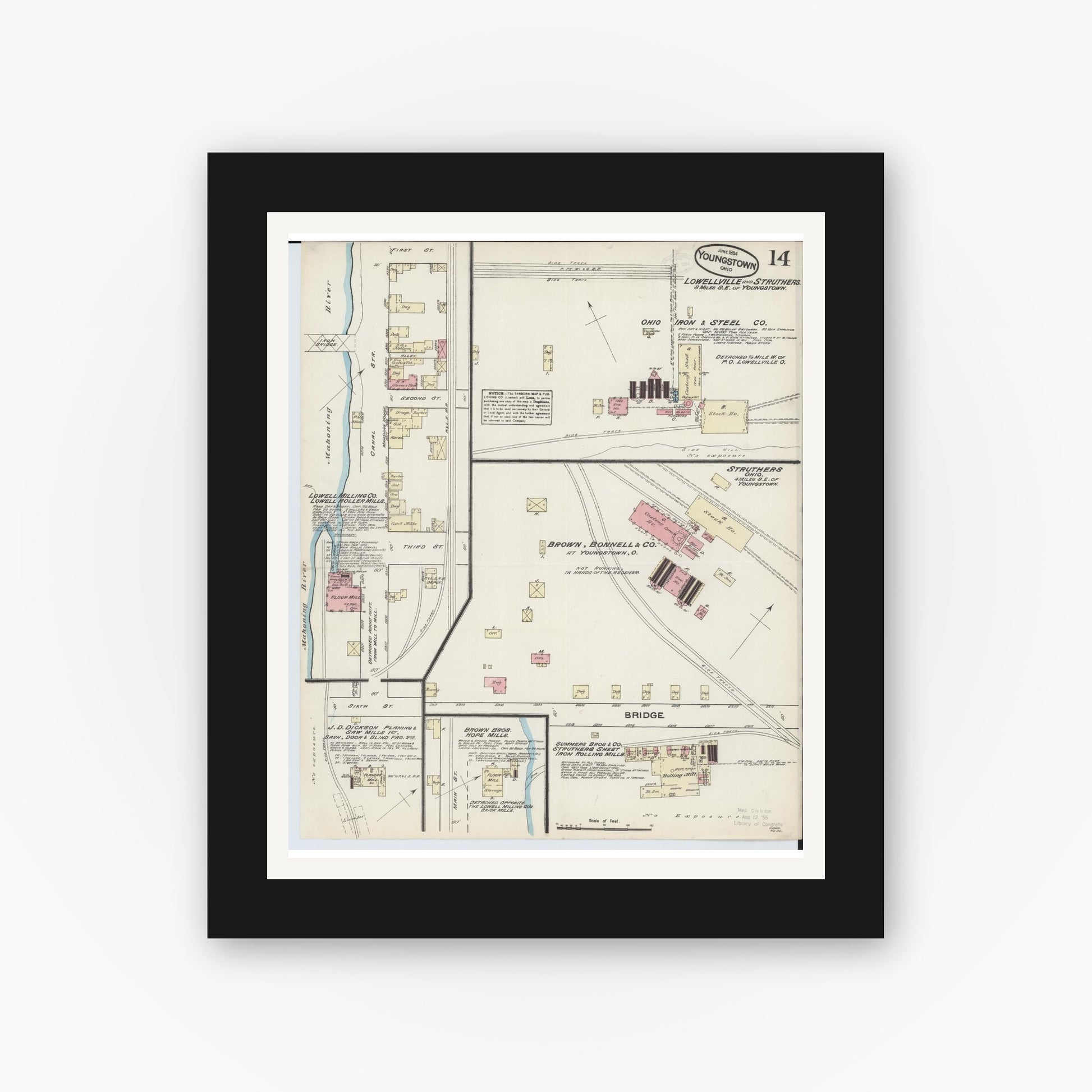 Old map wall art mockup — black gallery frame with white mat — Sanborn Fire Insurance Map from Youngstown, Mahoning County, Ohio (1884), Sheet #0014