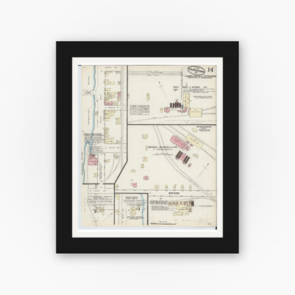 Old map wall art mockup — black gallery frame with white mat — Sanborn Fire Insurance Map from Youngstown, Mahoning County, Ohio (1884), Sheet #0014