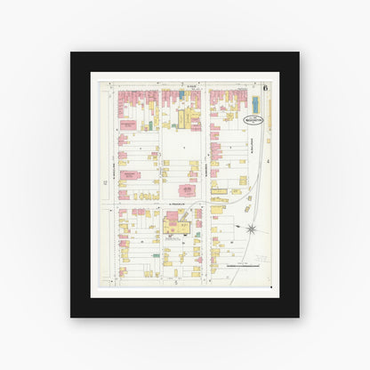 Old map wall art mockup — black gallery frame with white mat — Sanborn Fire Insurance Map from Washington, Washington County, Pennsylvania (1904), Sheet #0006