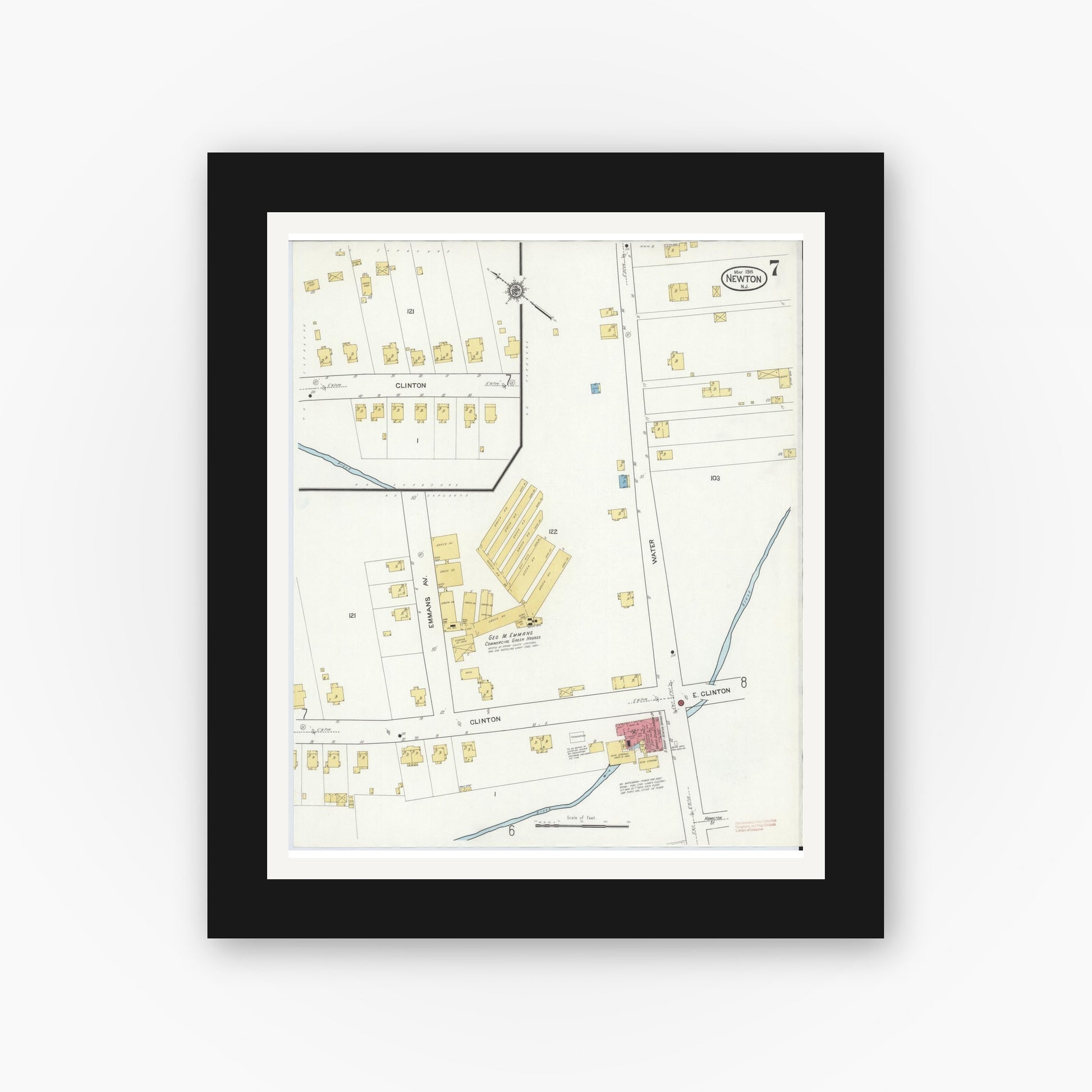 Old map wall art mockup — black gallery frame with white mat — Sanborn Fire Insurance Map from Newton, Sussex County, New Jersey (1916), Sheet #0007