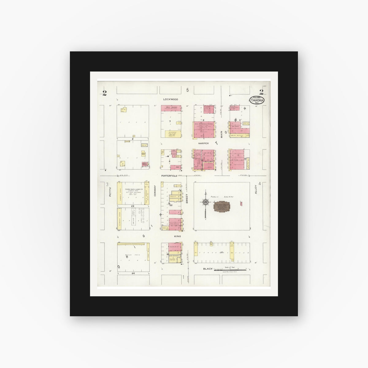 Old map wall art mockup — black gallery frame with white mat — Sanborn Fire Insurance Map from Tahoka, Lynn County, Texas (1925), Sheet #0002