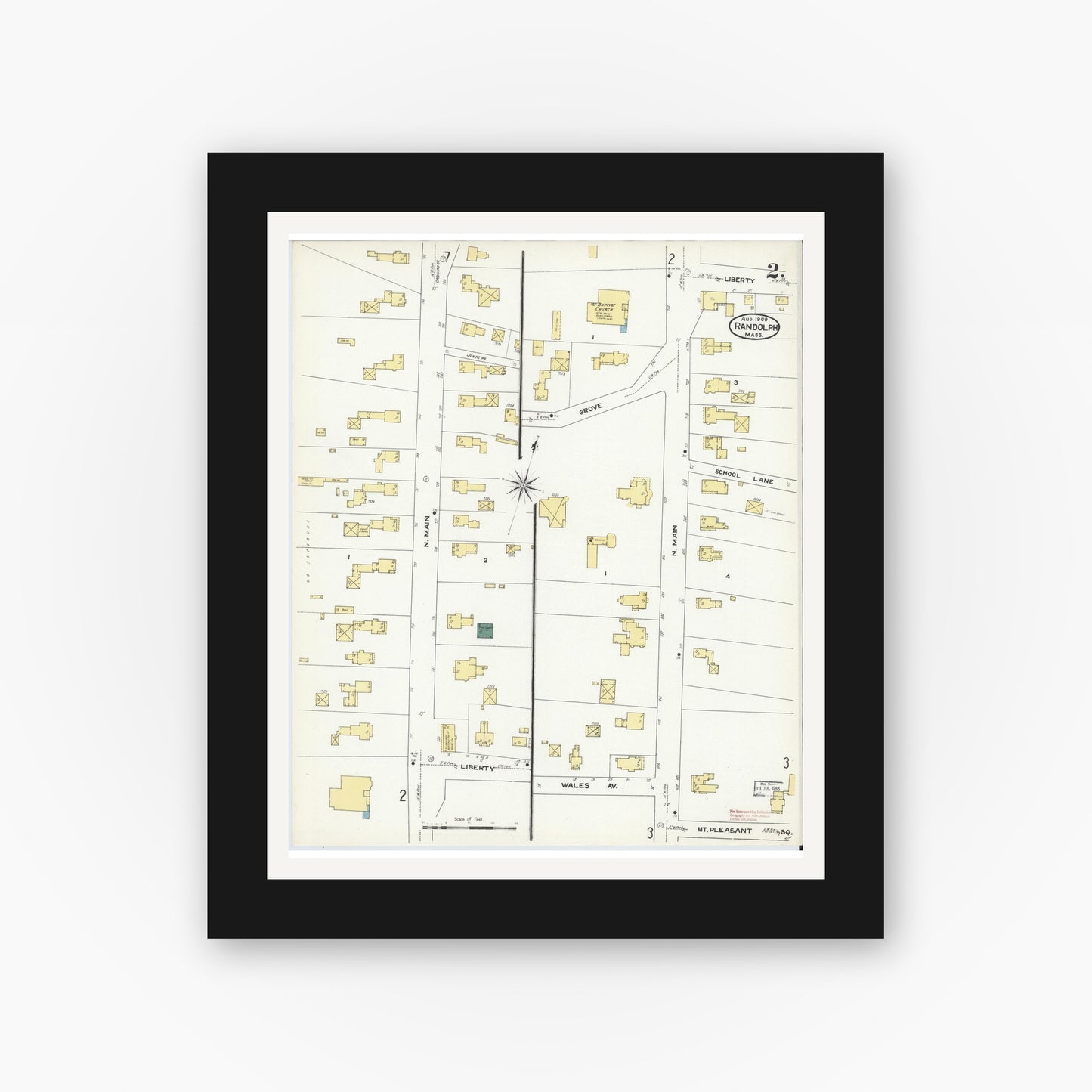 Old map wall art mockup — black gallery frame with white mat — Sanborn Fire Insurance Map from Randolph, Norfolk County, Massachusetts (1909), Sheet #0002