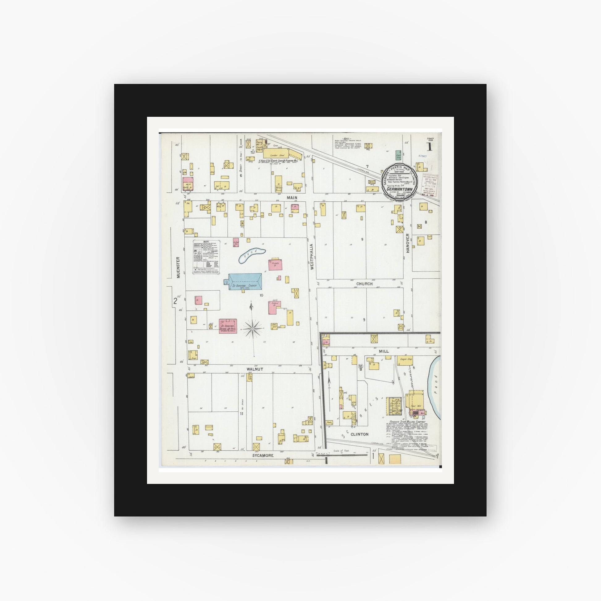 Old map wall art mockup — black gallery frame with white mat — Sanborn Fire Insurance Map from Germantown, Clinton County, Illinois (1900), Sheet #0001