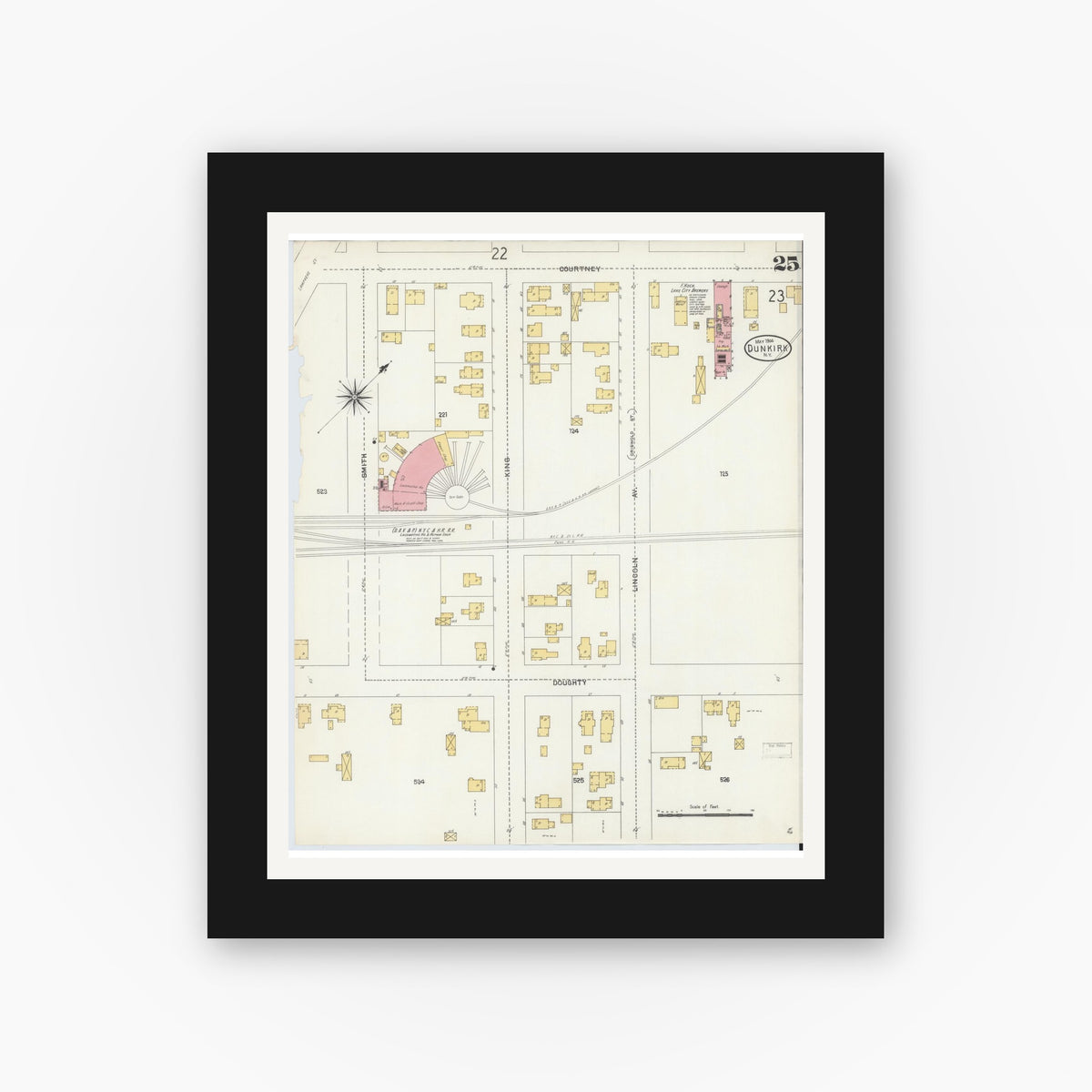 Old map wall art mockup — black gallery frame with white mat — Sanborn Fire Insurance Map from Dunkirk, Chautauqua County, New York (1904), Sheet #0025