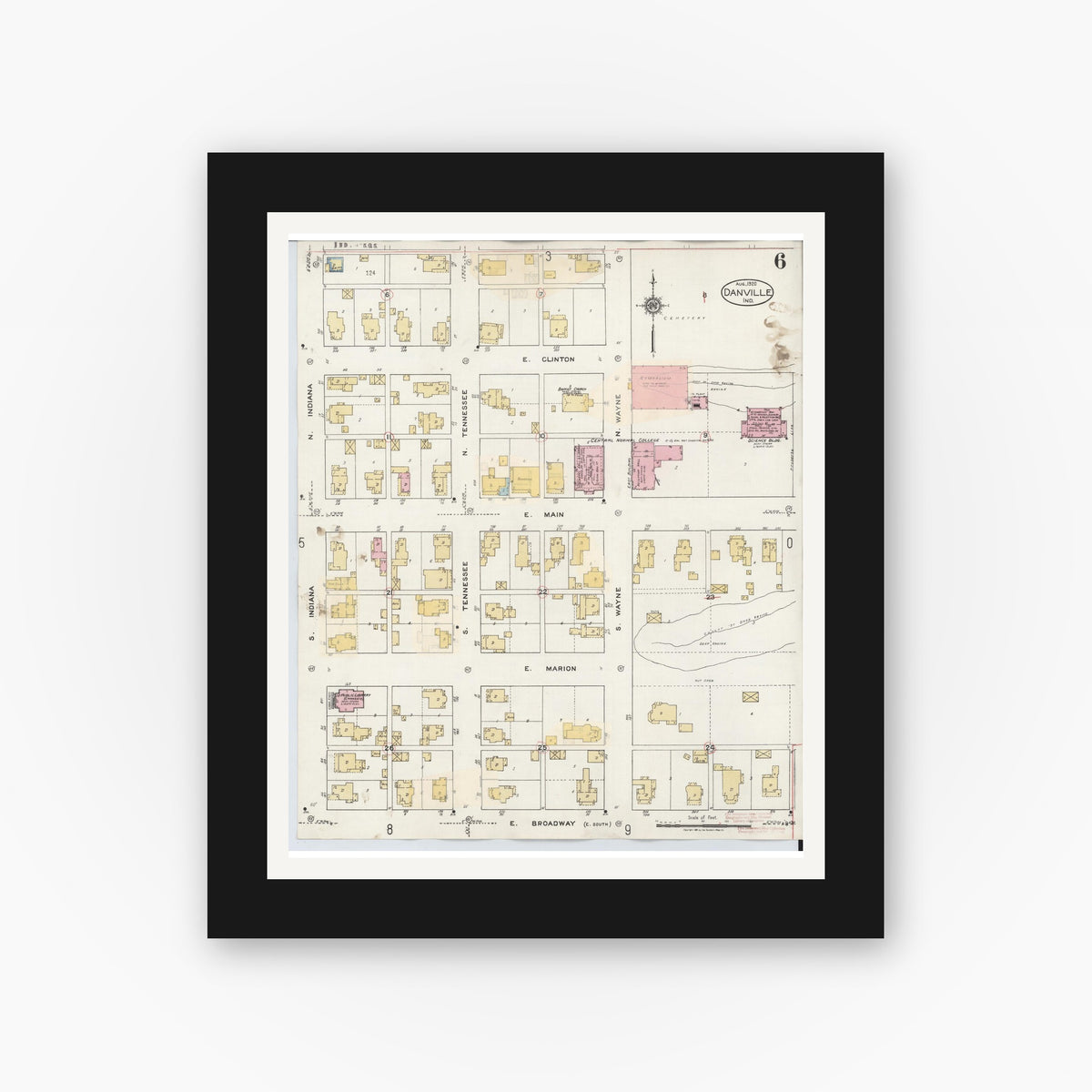 Old map wall art mockup — black gallery frame with white mat — Sanborn Fire Insurance Map from Danville, Hendricks County, Indiana (1932), Sheet #0006
