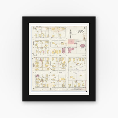 Old map wall art mockup — black gallery frame with white mat — Sanborn Fire Insurance Map from Danville, Hendricks County, Indiana (1932), Sheet #0006
