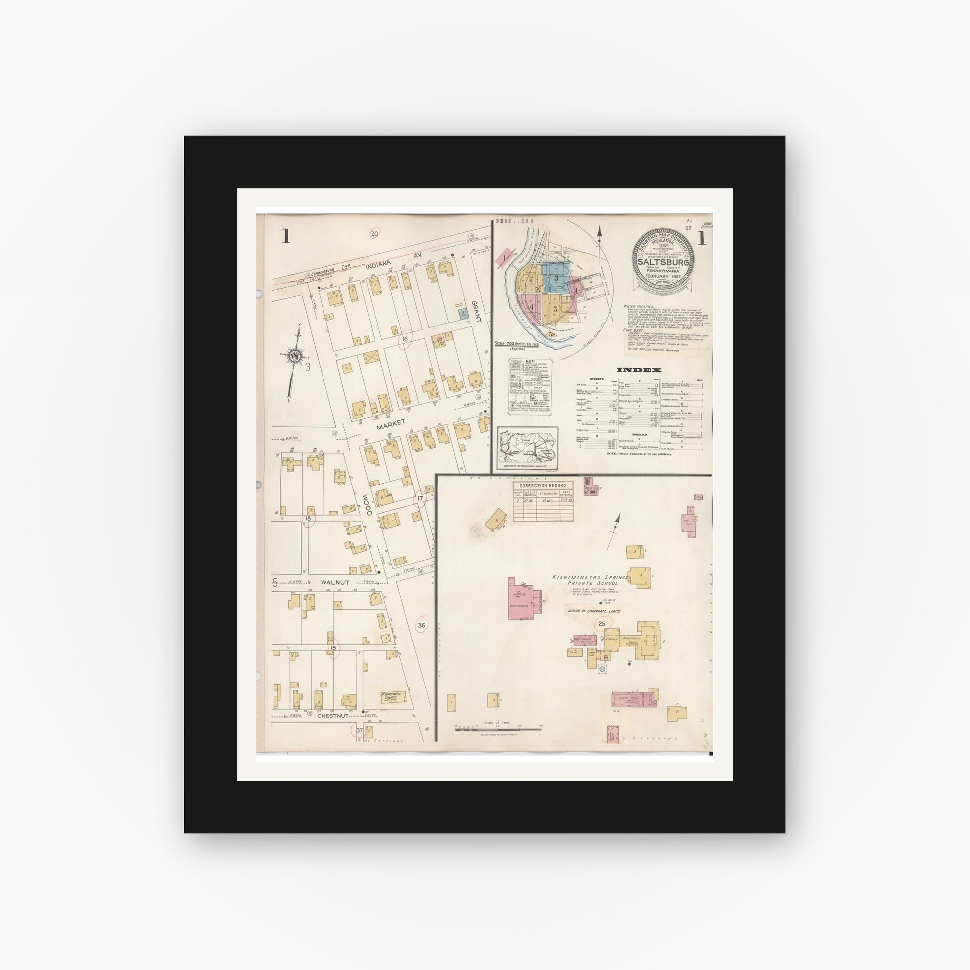Old map wall art mockup — black gallery frame with white mat — Sanborn Fire Insurance Map from Saltsburg, Indiana County, Pennsylvania (1938), Sheet #0001