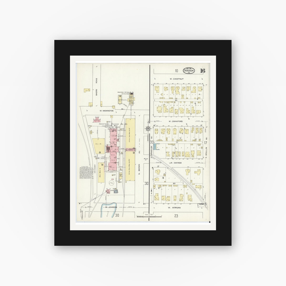 Old map wall art mockup — black gallery frame with white mat — Sanborn Fire Insurance Map from Denison, Grayson County, Texas (1914), Sheet #0016