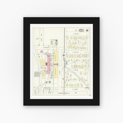 Old map wall art mockup — black gallery frame with white mat — Sanborn Fire Insurance Map from Denison, Grayson County, Texas (1914), Sheet #0016