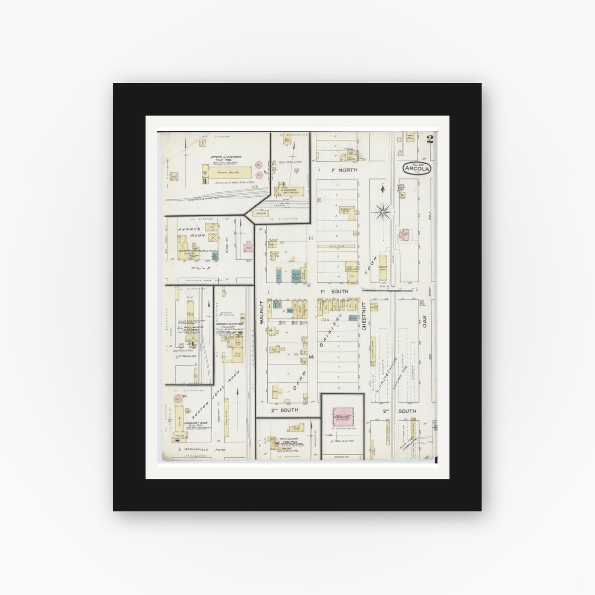 Old map wall art mockup — black gallery frame with white mat — Sanborn Fire Insurance Map from Arcola, Douglas County, Illinois (1887), Sheet #0002