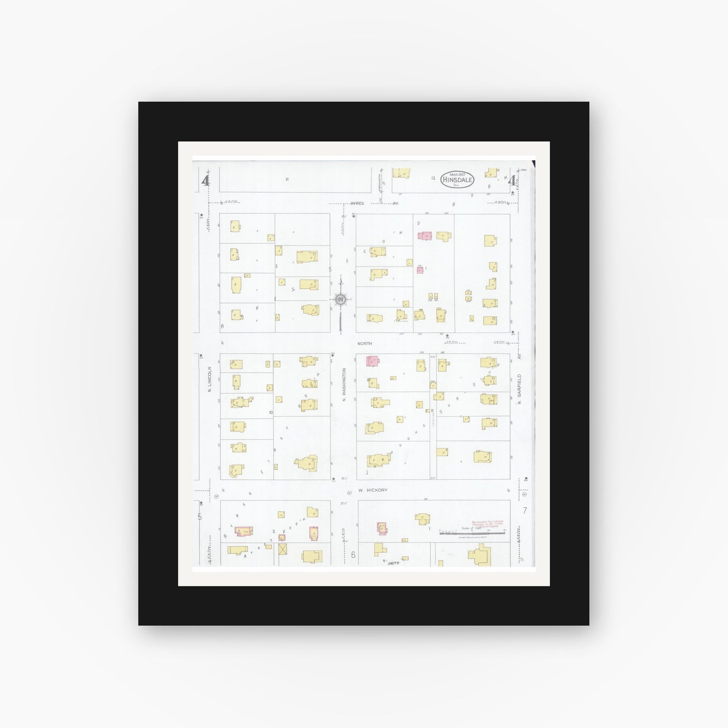 Old map wall art mockup — black gallery frame with white mat — Sanborn Fire Insurance Map from Hinsdale, Du Page And Cook Counties, Illinois (1927), Sheet #0004