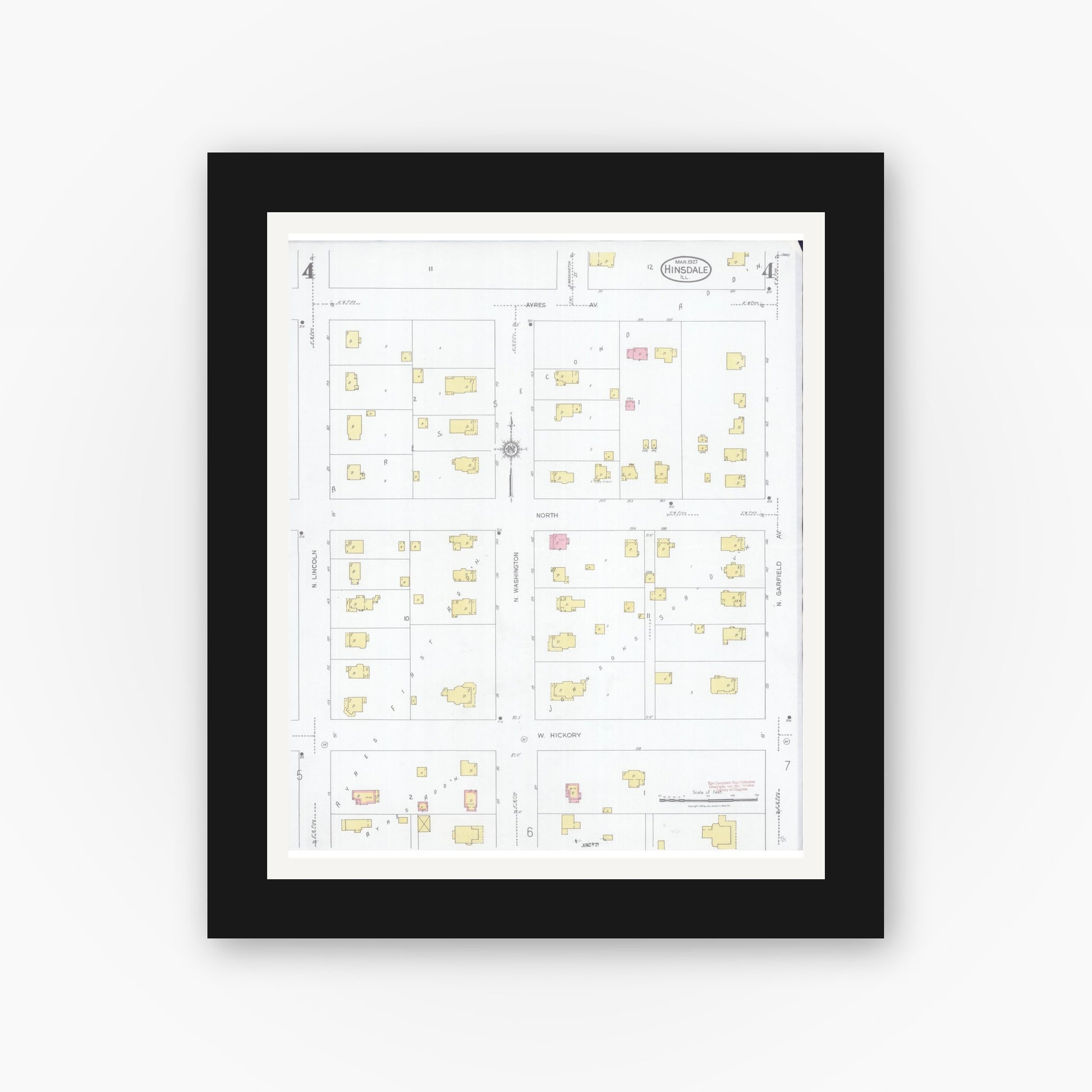 Old map wall art mockup — black gallery frame with white mat — Sanborn Fire Insurance Map from Hinsdale, Du Page And Cook Counties, Illinois (1927), Sheet #0004