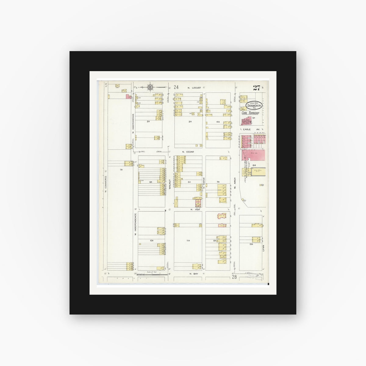 Old map wall art mockup — black gallery frame with white mat — Sanborn Fire Insurance Map from Shamokin, Northumberland County, Pennsylvania (1913), Sheet #0027