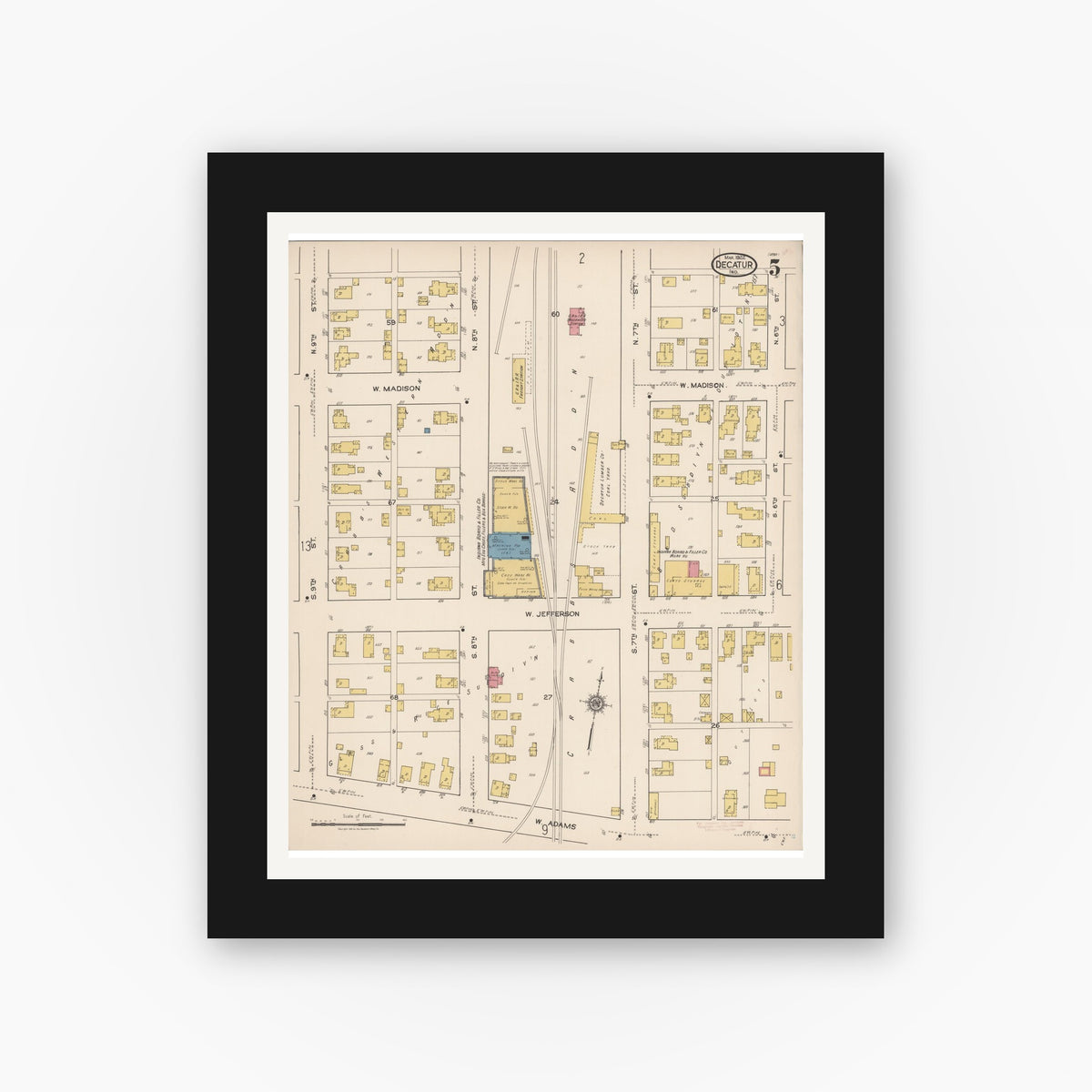 Old map wall art mockup — black gallery frame with white mat — Sanborn Fire Insurance Map from Decatur, Adams County, Indiana (1922), Sheet #0005