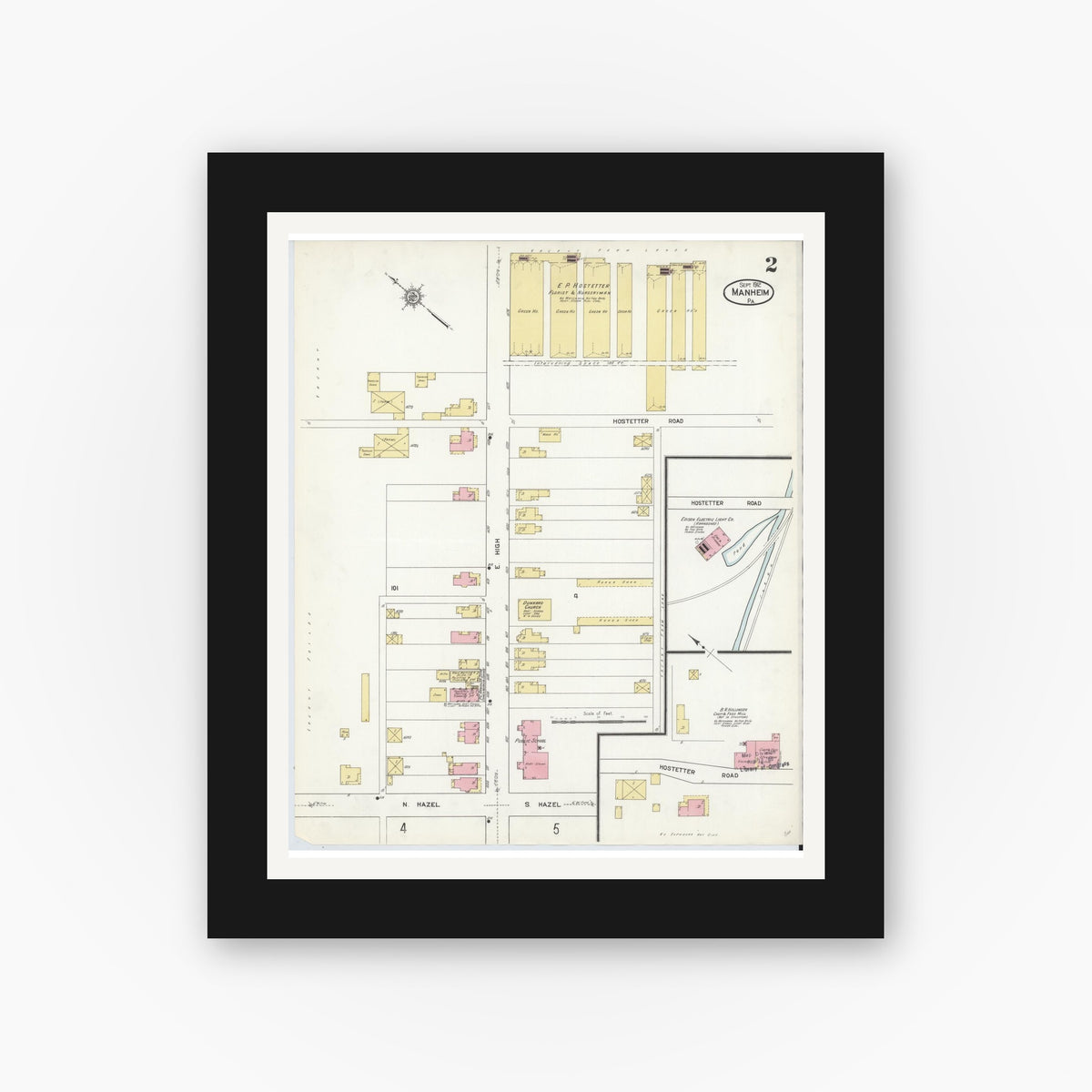 Old map wall art mockup — black gallery frame with white mat — Sanborn Fire Insurance Map from Manheim, Lancaster County, Pennsylvania (1912), Sheet #0002