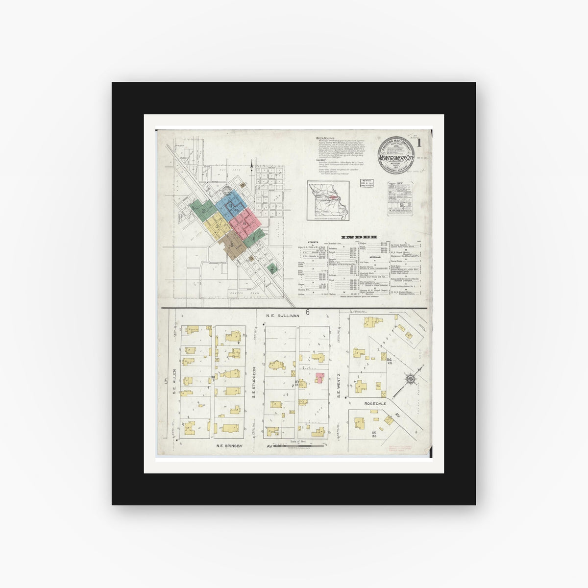 Old map wall art mockup — black gallery frame with white mat — Sanborn Fire Insurance Map from Montgomery City, Montgomery County, Missouri (1917) - Complete Map Set
