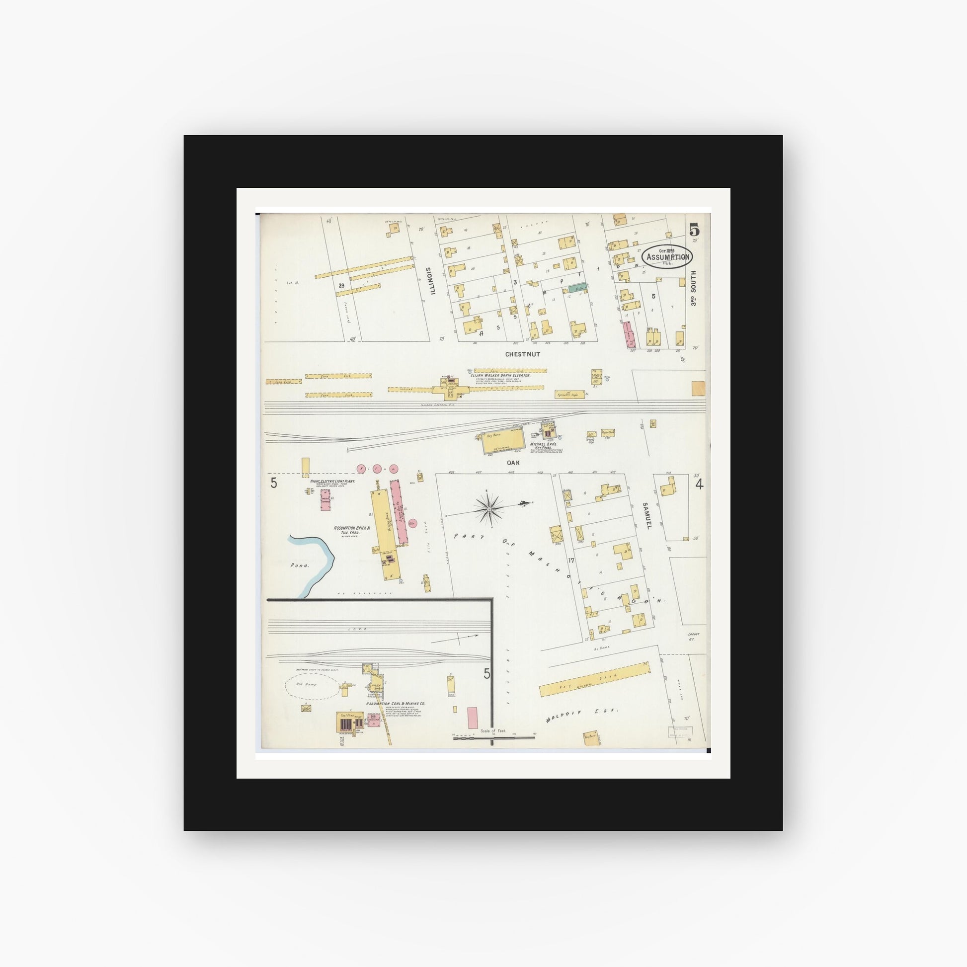 Old map wall art mockup — black gallery frame with white mat — Sanborn Fire Insurance Map from Assumption, Christian County, Illinois (1899), Sheet #0005
