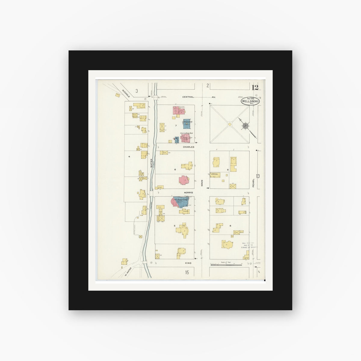 Old map wall art mockup — black gallery frame with white mat — Sanborn Fire Insurance Map from Wellsboro, Tioga County, Pennsylvania (1910), Sheet #0012