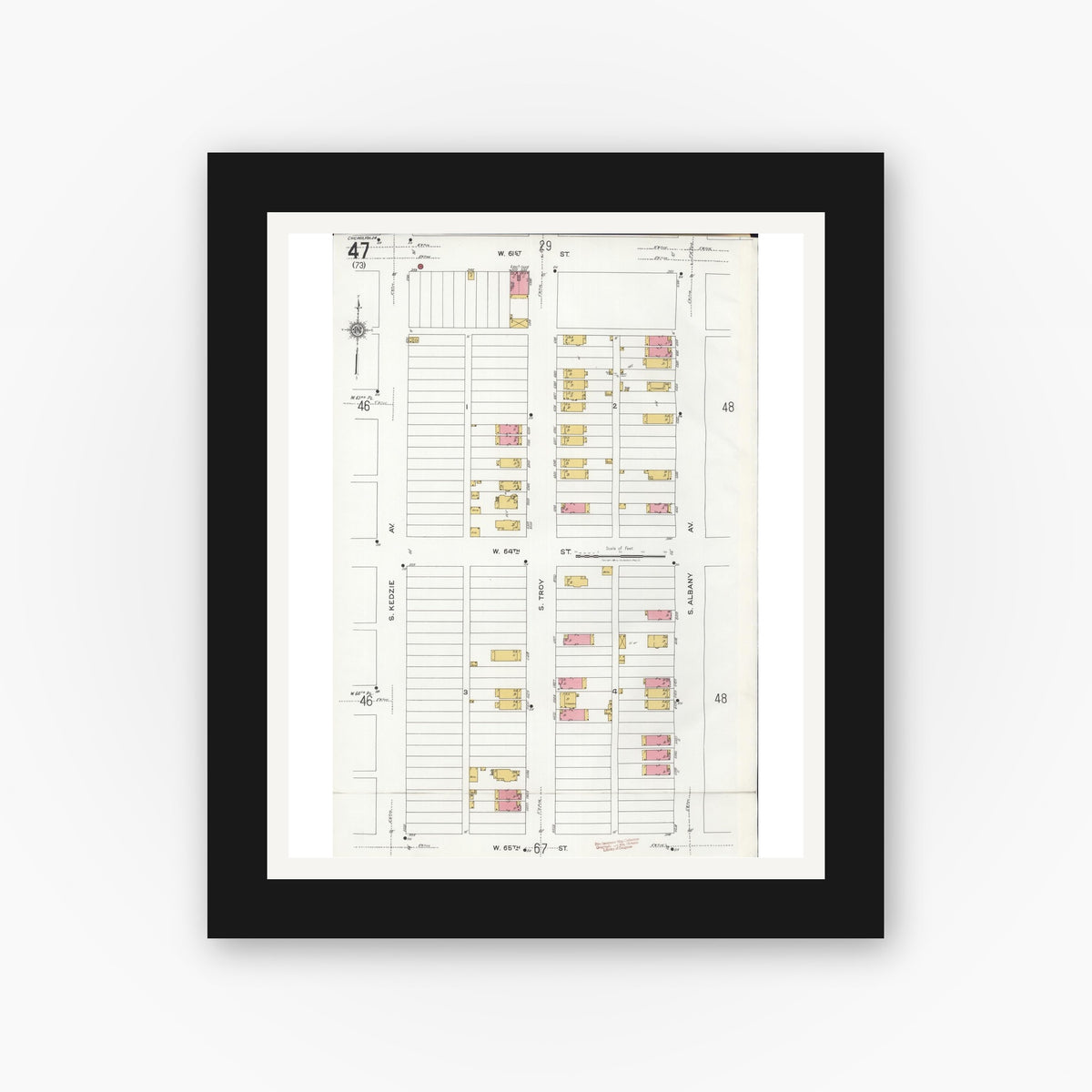 Old map wall art mockup — black gallery frame with white mat — Sanborn Fire Insurance Map from Chicago, Cook County, Illinois (1920), Sheet #0047