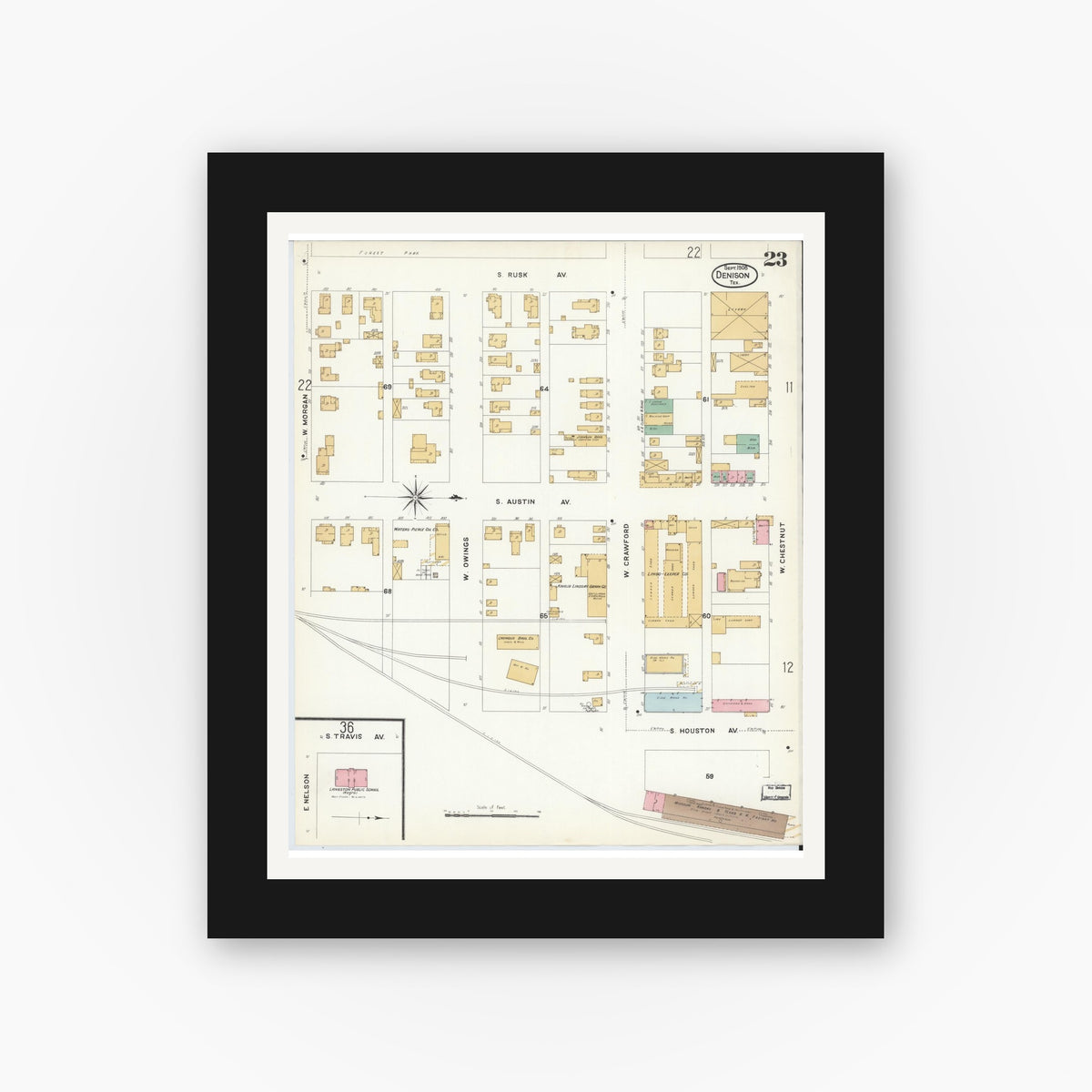 Old map wall art mockup — black gallery frame with white mat — Sanborn Fire Insurance Map from Denison, Grayson County, Texas (1908), Sheet #0023
