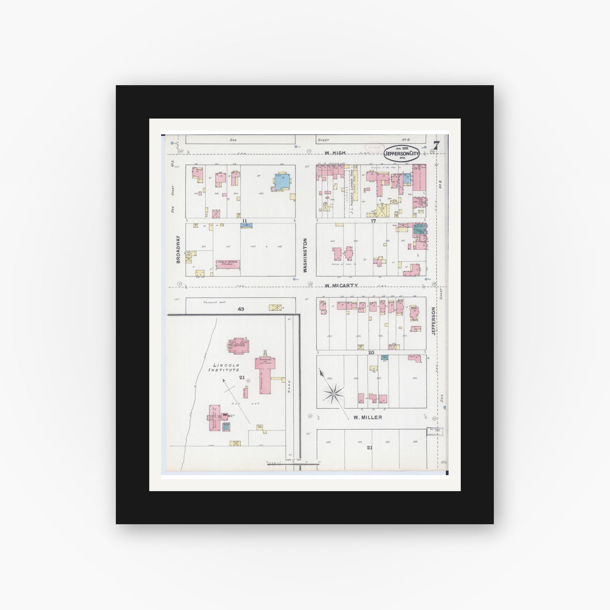 Old map wall art mockup — black gallery frame with white mat — Sanborn Fire Insurance Map from Jefferson City, Cole County, Missouri (1892), Sheet #0007