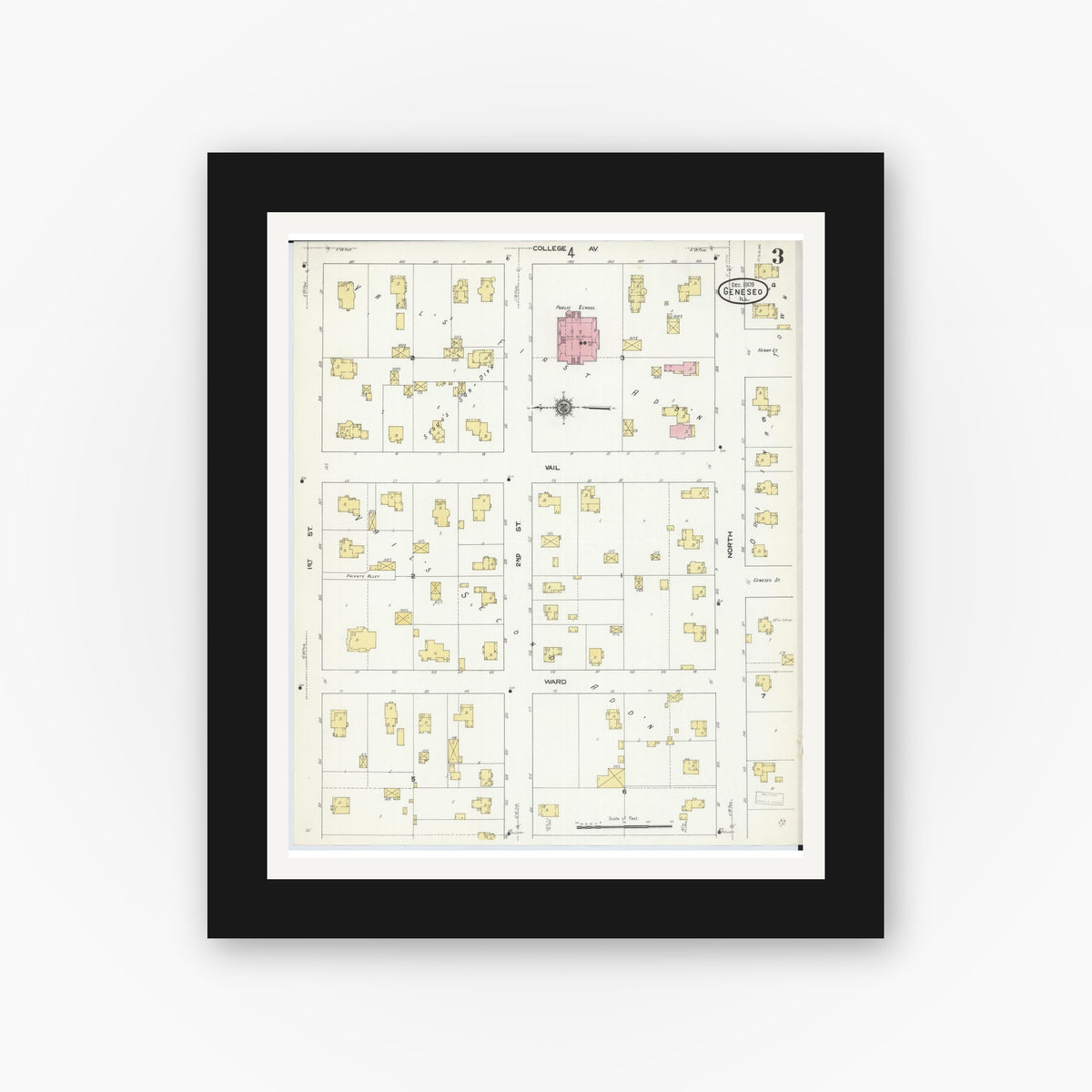 Old map wall art mockup — black gallery frame with white mat — Sanborn Fire Insurance Map from Geneseo, Henry County, Illinois (1909), Sheet #0003