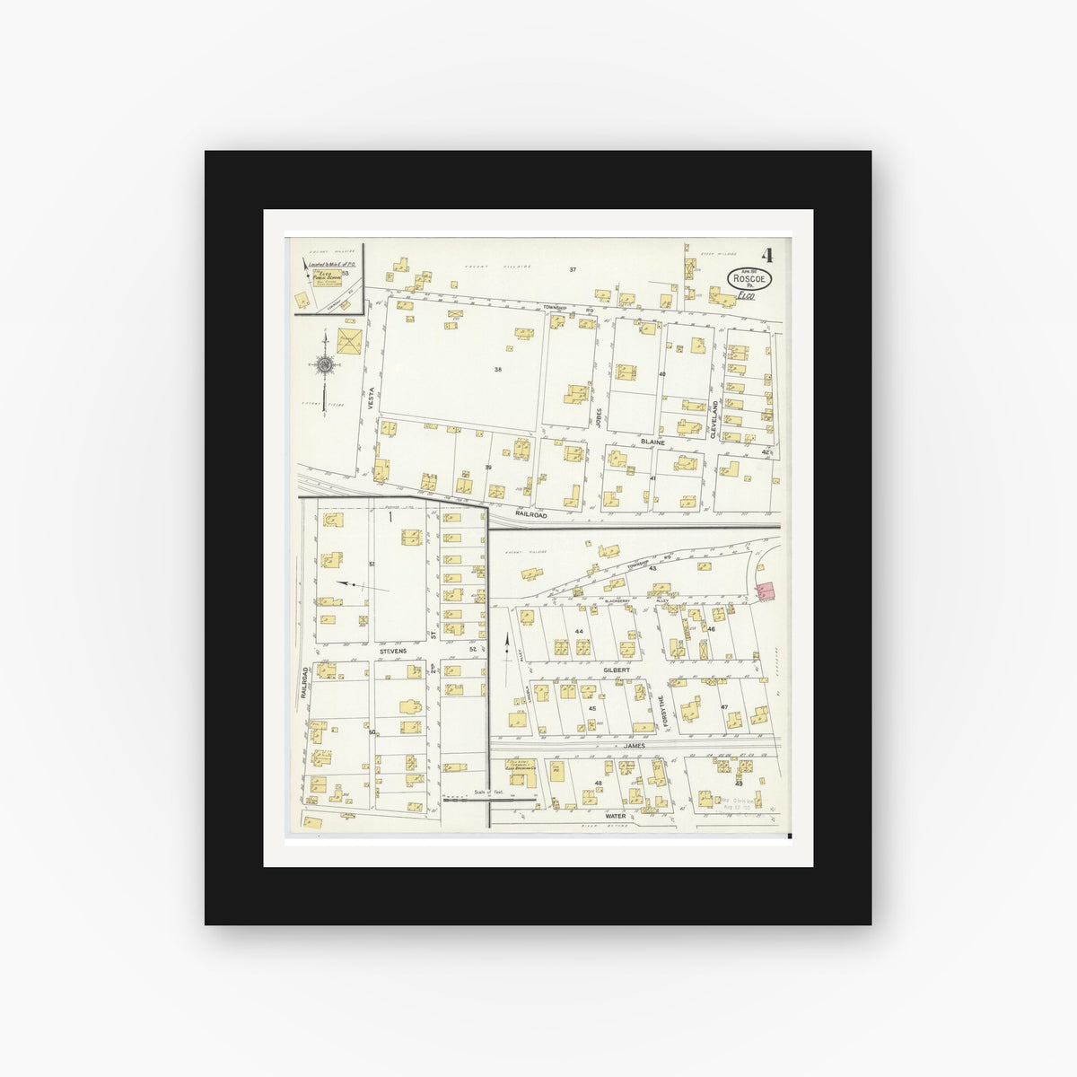 Old map wall art mockup — black gallery frame with white mat — Sanborn Fire Insurance Map from Roscoe, Washington County, Pennsylvania (1911), Sheet #0004