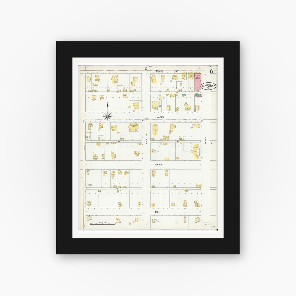 Old map wall art mockup — black gallery frame with white mat — Sanborn Fire Insurance Map from Whitewright, Grayson County, Texas (1905), Sheet #0006