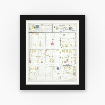 Old map wall art mockup — black gallery frame with white mat — Sanborn Fire Insurance Map from Pacific, Franklin County, Missouri (1917), Sheet #0002