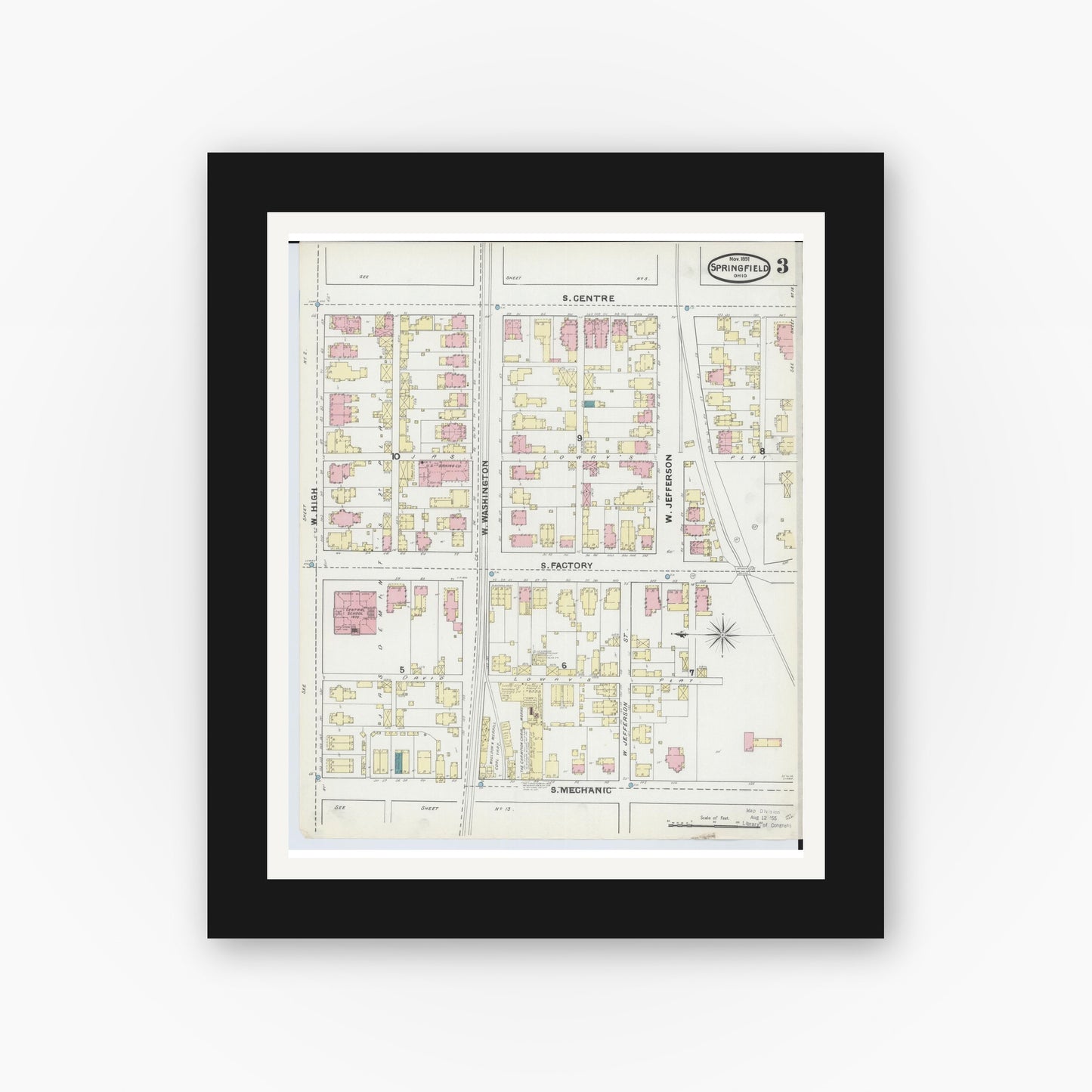 Old map wall art mockup — black gallery frame with white mat — Sanborn Fire Insurance Map from Springfield, Clark County, Ohio (1891), Sheet #0003