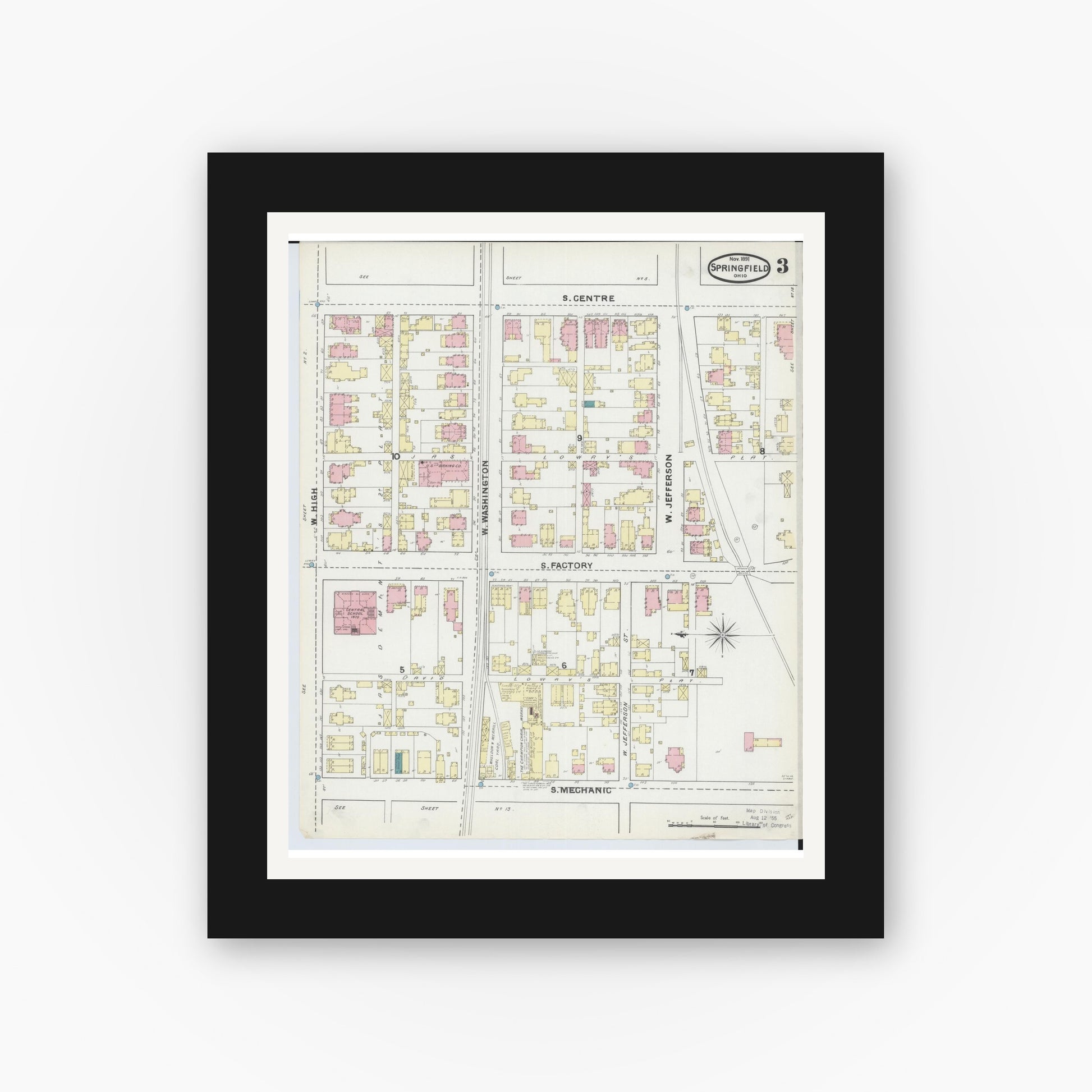 Old map wall art mockup — black gallery frame with white mat — Sanborn Fire Insurance Map from Springfield, Clark County, Ohio (1891), Sheet #0003