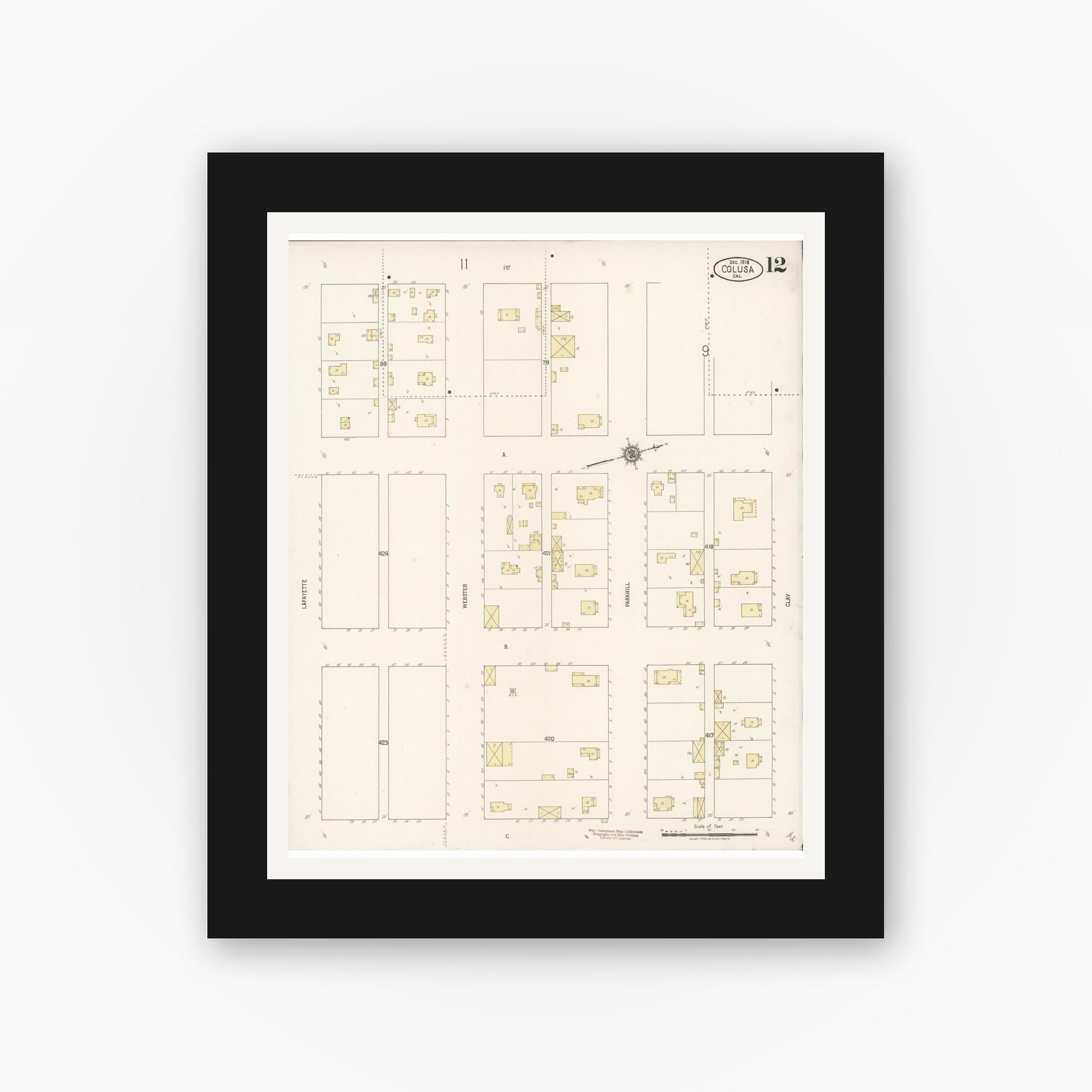 Old map wall art mockup — black gallery frame with white mat — Sanborn Fire Insurance Map from Colusa, Colusa County, California (1918), Sheet #0012