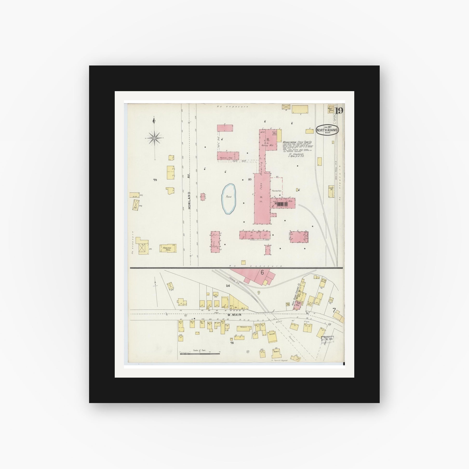 Old map wall art mockup — black gallery frame with white mat — Sanborn Fire Insurance Map from North Adams, Berkshire County, Massachusetts (1897), Sheet #0019