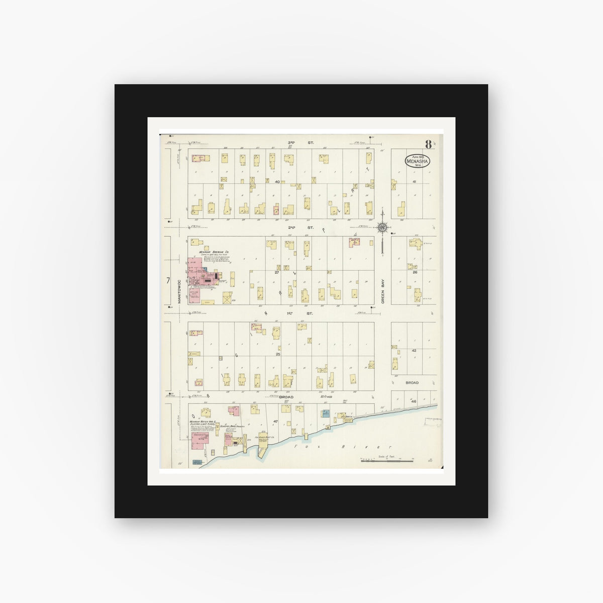 Old map wall art mockup — black gallery frame with white mat — Sanborn Fire Insurance Map from Menasha, Winnebago County, Wisconsin (1913), Sheet #0008