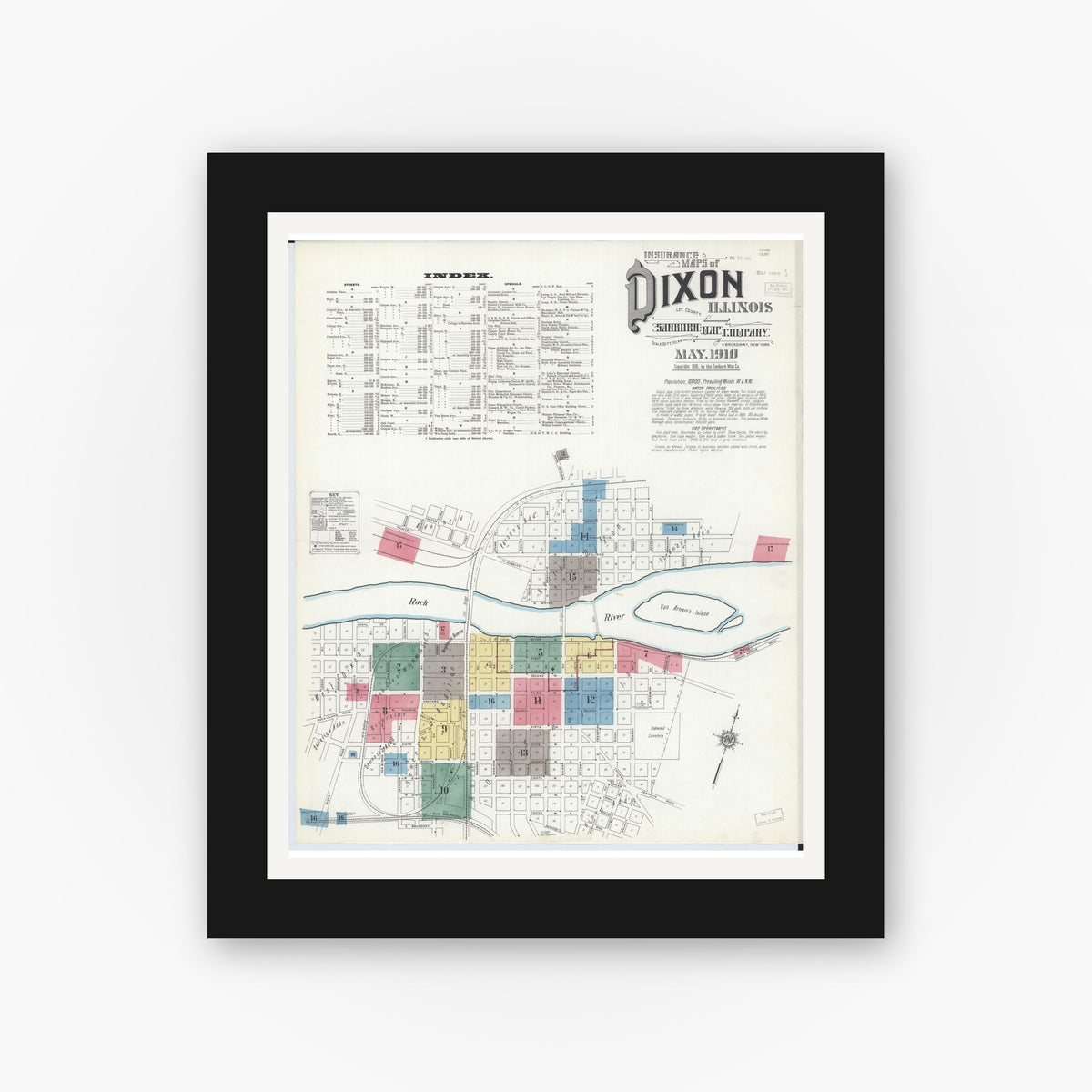 Old map wall art mockup — black gallery frame with white mat — Sanborn Fire Insurance Map from Dixon, Lee County, Illinois (1910), Sheet #0001