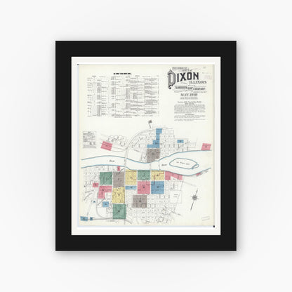 Old map wall art mockup — black gallery frame with white mat — Sanborn Fire Insurance Map from Dixon, Lee County, Illinois (1910), Sheet #0001