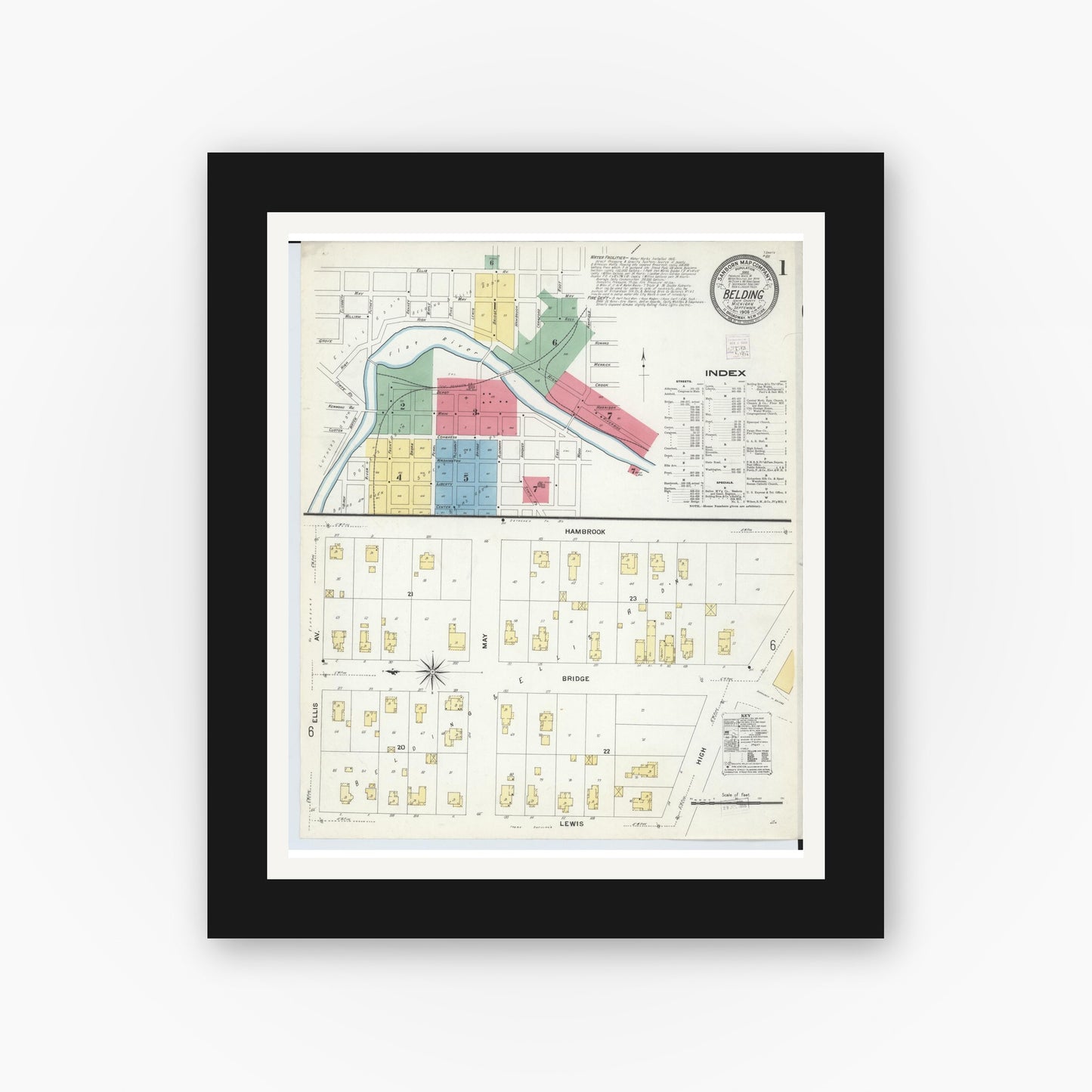Old map wall art mockup — black gallery frame with white mat — Sanborn Fire Insurance Map from Belding, Ionia County, Michigan (1908), Sheet #0001