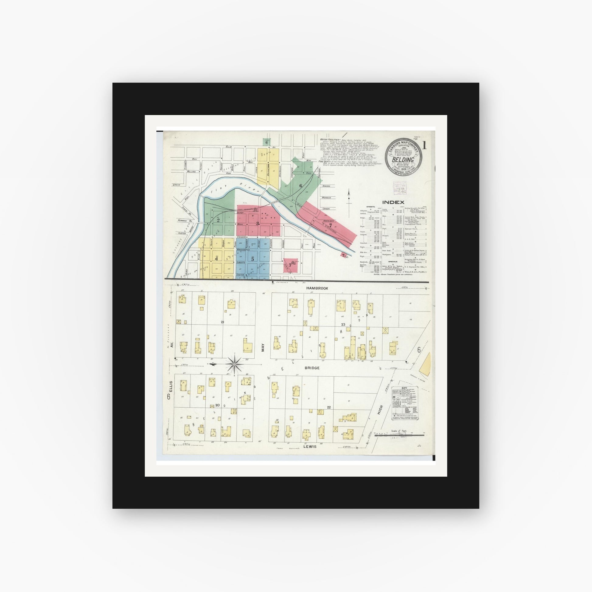 Old map wall art mockup — black gallery frame with white mat — Sanborn Fire Insurance Map from Belding, Ionia County, Michigan (1908), Sheet #0001