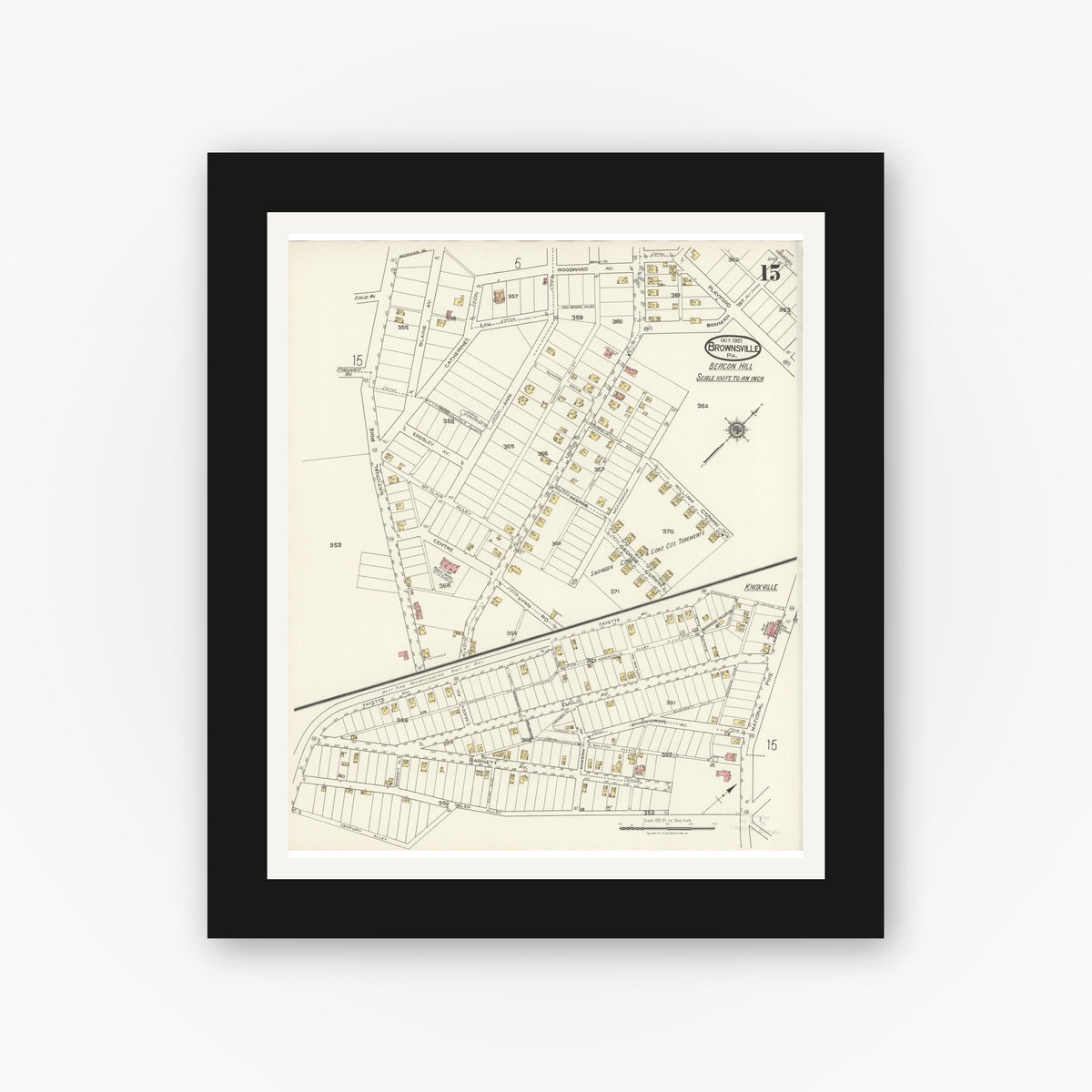 Old map wall art mockup — black gallery frame with white mat — Sanborn Fire Insurance Map from Brownsville, Fayette County, Pennsylvania (1921), Sheet #0015