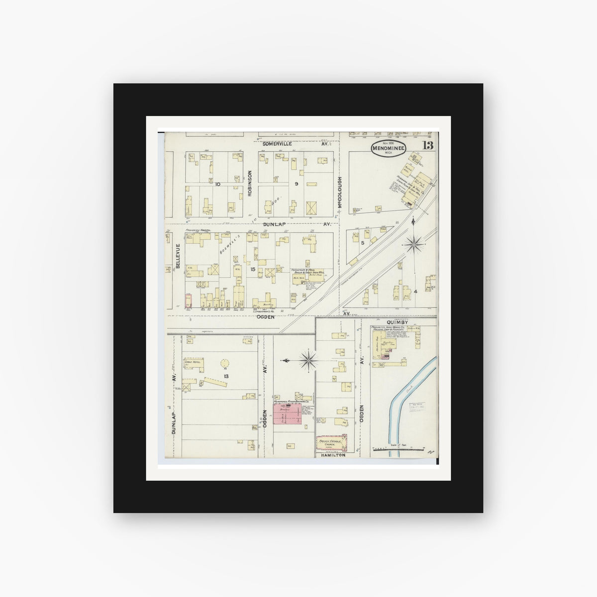 Old map wall art mockup — black gallery frame with white mat — Sanborn Fire Insurance Map from Menominee, Menominee County, Michigan (1890), Sheet #0013