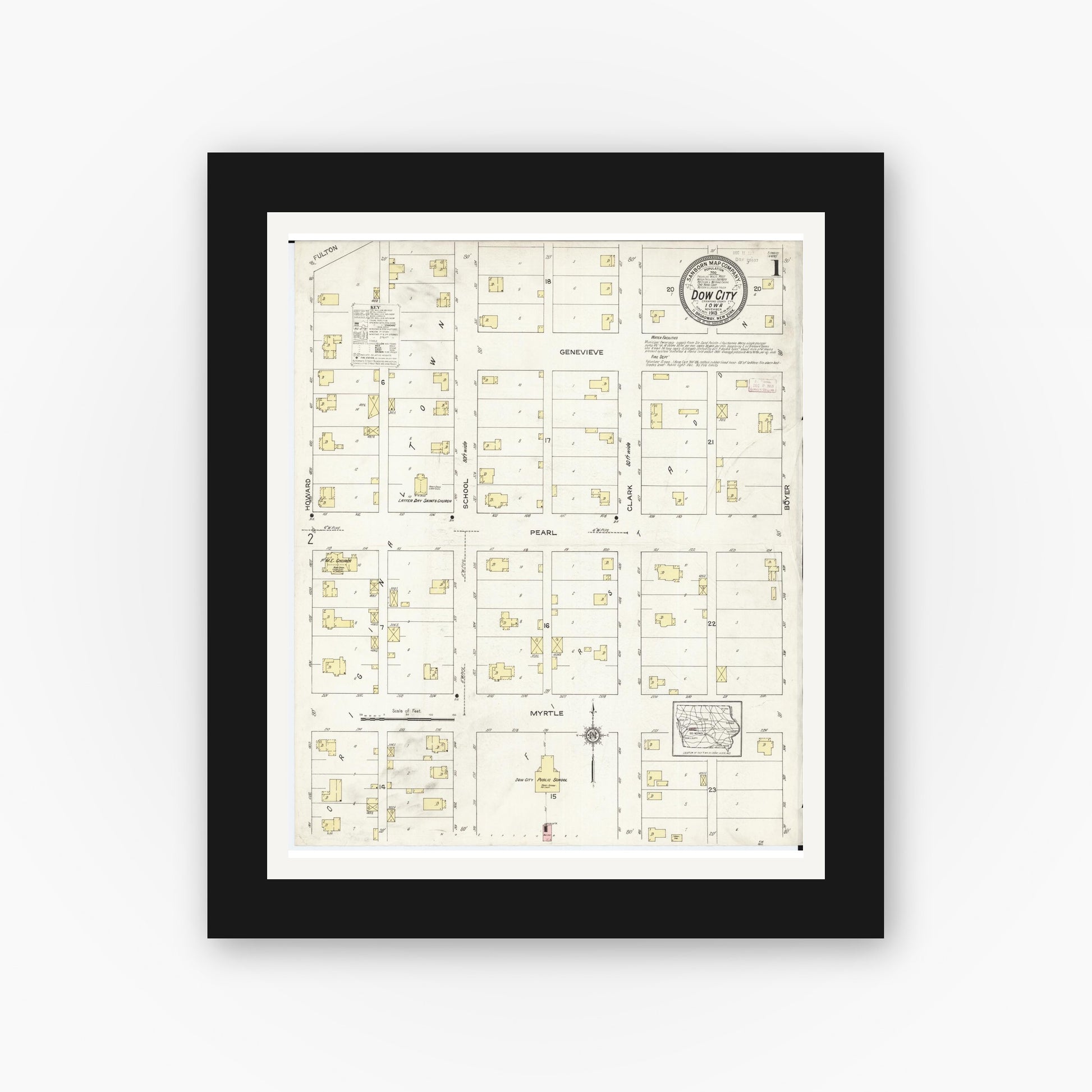 Old map wall art mockup — black gallery frame with white mat — Sanborn Fire Insurance Map from Dow City, Crawford County, Iowa (1913) â€” Complete Set