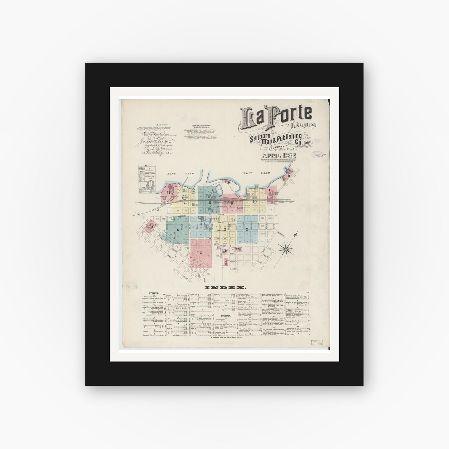 Old map wall art mockup — black gallery frame with white mat — Sanborn Fire Insurance Map from La Porte, La Porte County, Indiana (1886) - Complete Map Set