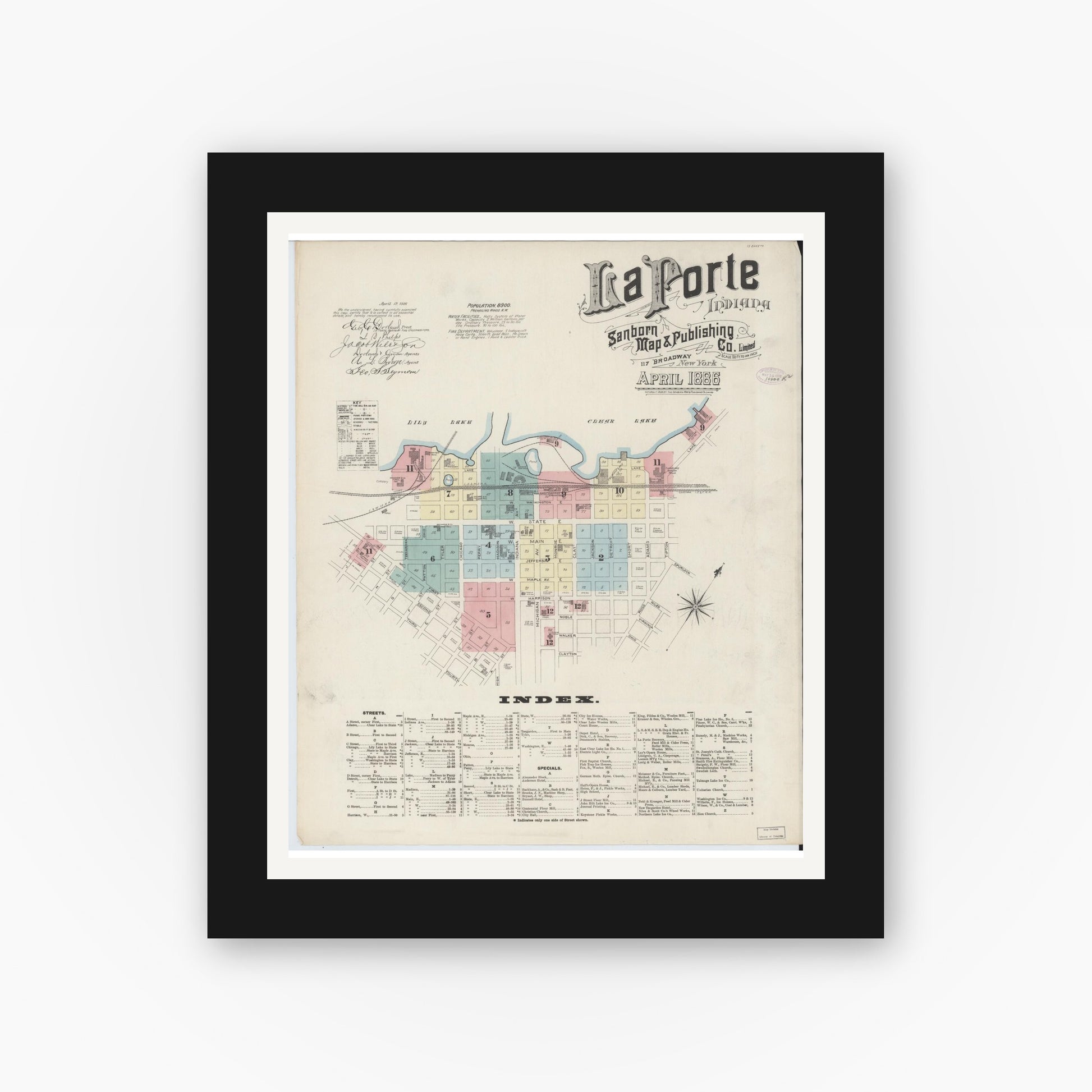 Old map wall art mockup — black gallery frame with white mat — Sanborn Fire Insurance Map from La Porte, La Porte County, Indiana (1886) - Complete Map Set