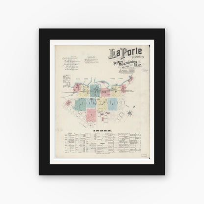 Old map wall art mockup — black gallery frame with white mat — Sanborn Fire Insurance Map from La Porte, La Porte County, Indiana (1886) - Complete Map Set