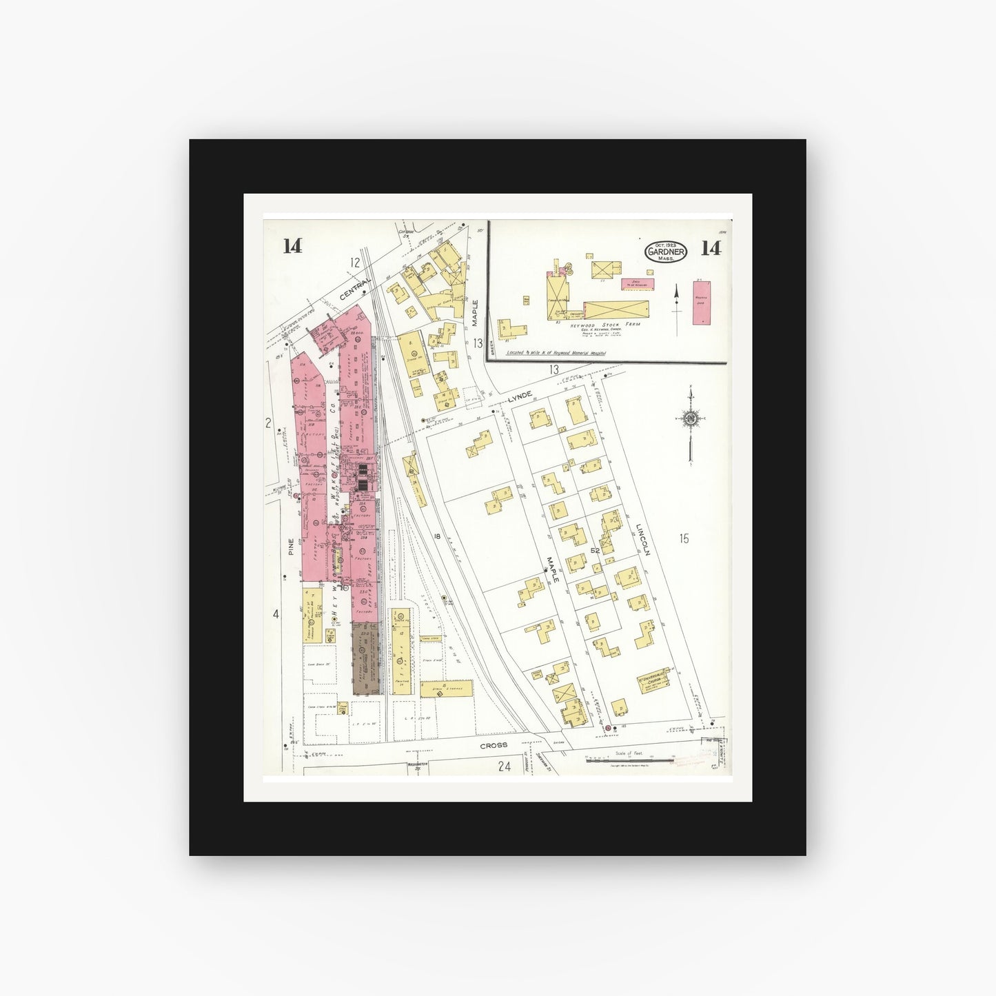 Old map wall art mockup — black gallery frame with white mat — Sanborn Fire Insurance Map from Gardner, Worcester County, Massachusetts (1923), Sheet #0014